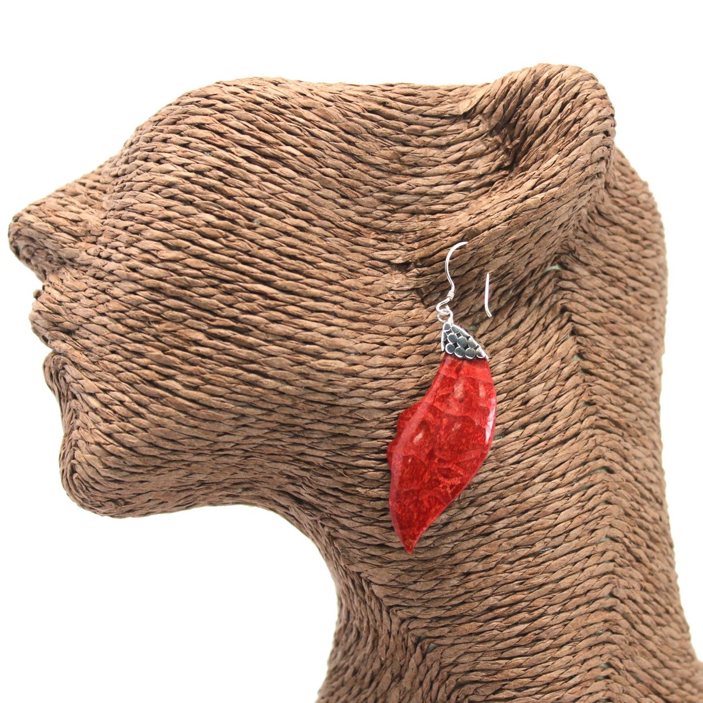 Handmade Red Coral Resin and 925 Silver Earrings - Leaf Drop