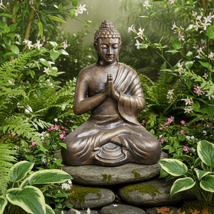 Handmade Concrete and Resin Praying Buddha Statue - Small / 1.2m Tall / Antique Gold