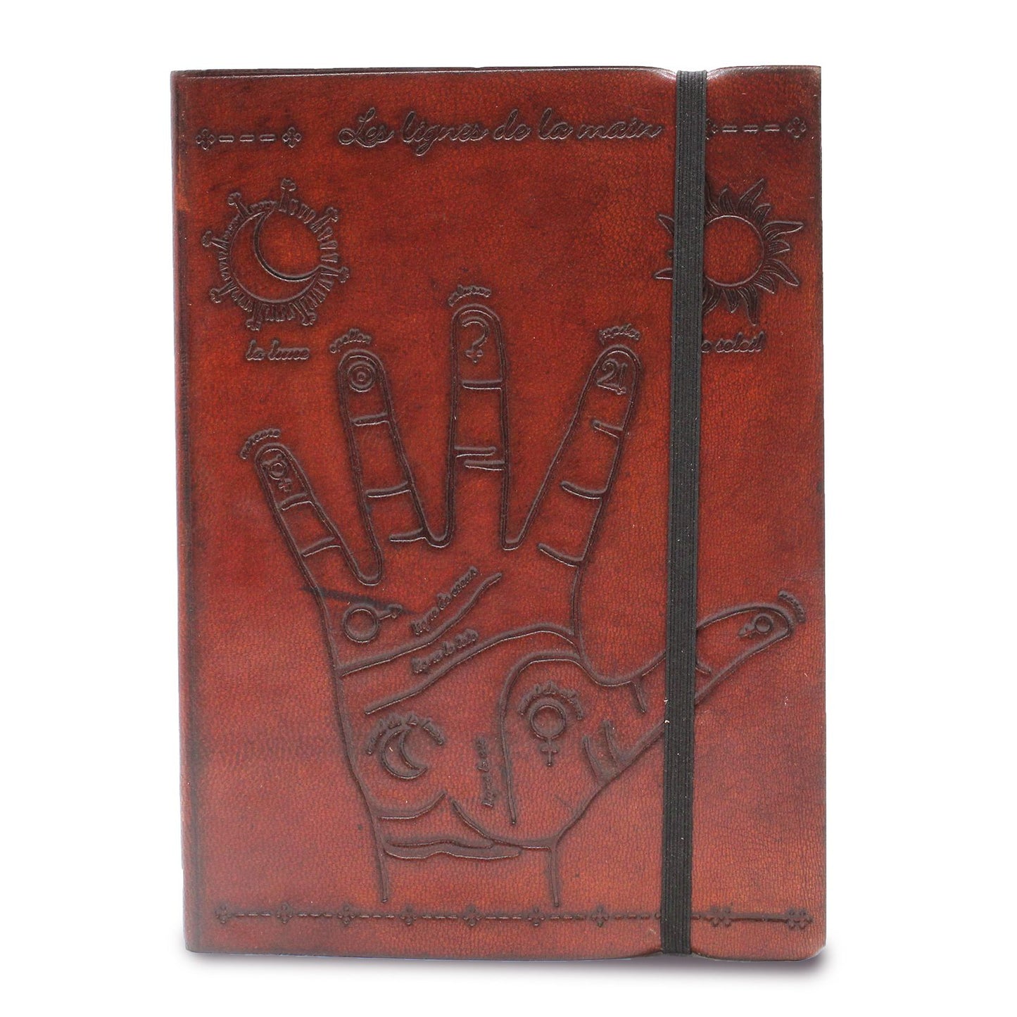 Handmade Vegetable Tanned Leather-Bound Eco-Friendly Notebook with Wrap - Medium / Burgundy / Palmistry