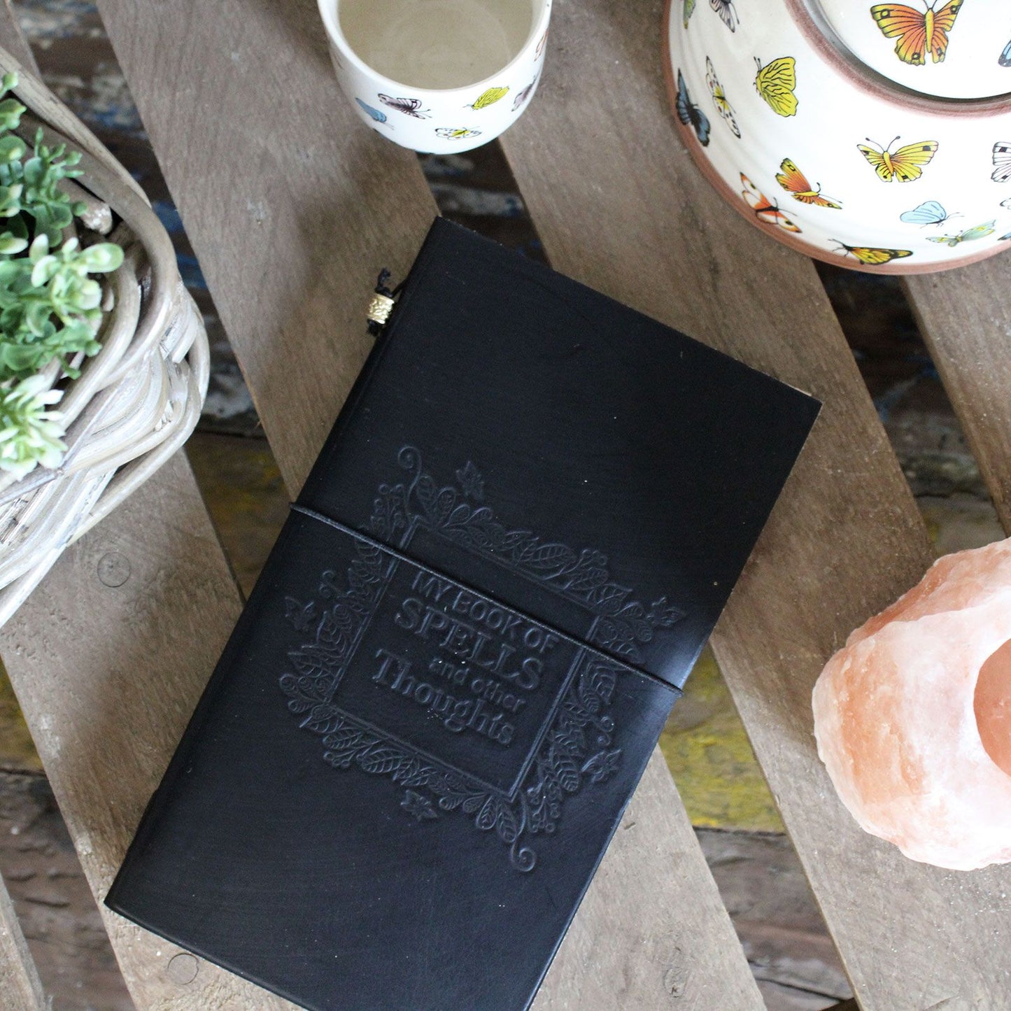 Handmade Leather-Bound Eco-Friendly Journal with Wrap - Slim / Black / My Book of Spells and Other Thoughts