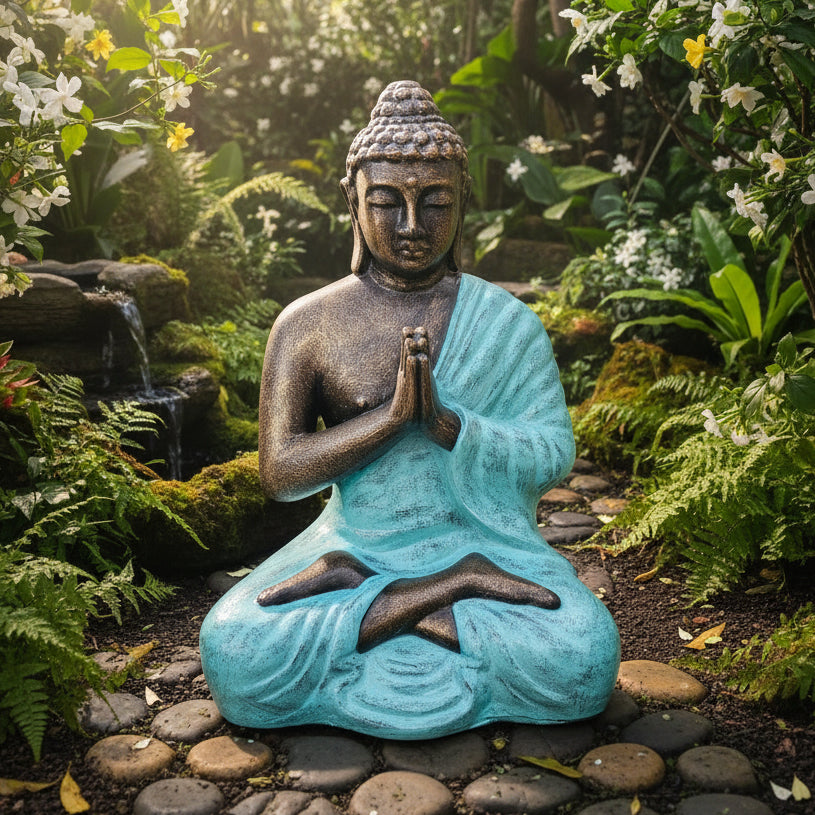 Handmade Concrete and Resin Praying Buddha Statue - Medium / 1.2m Tall / Turquoise and Gold