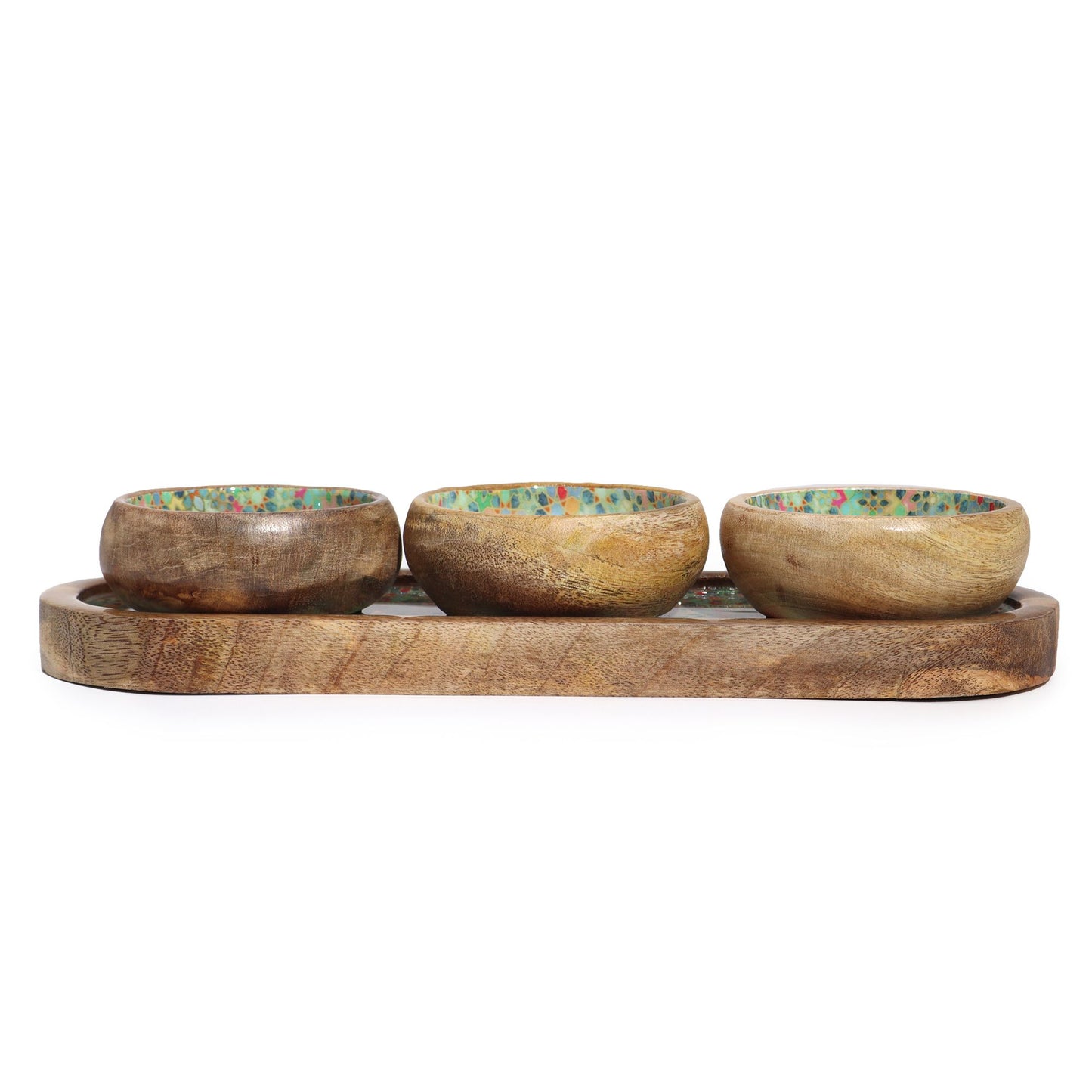 Mango Wood Tray and Bowl Set - Mediterranean Green