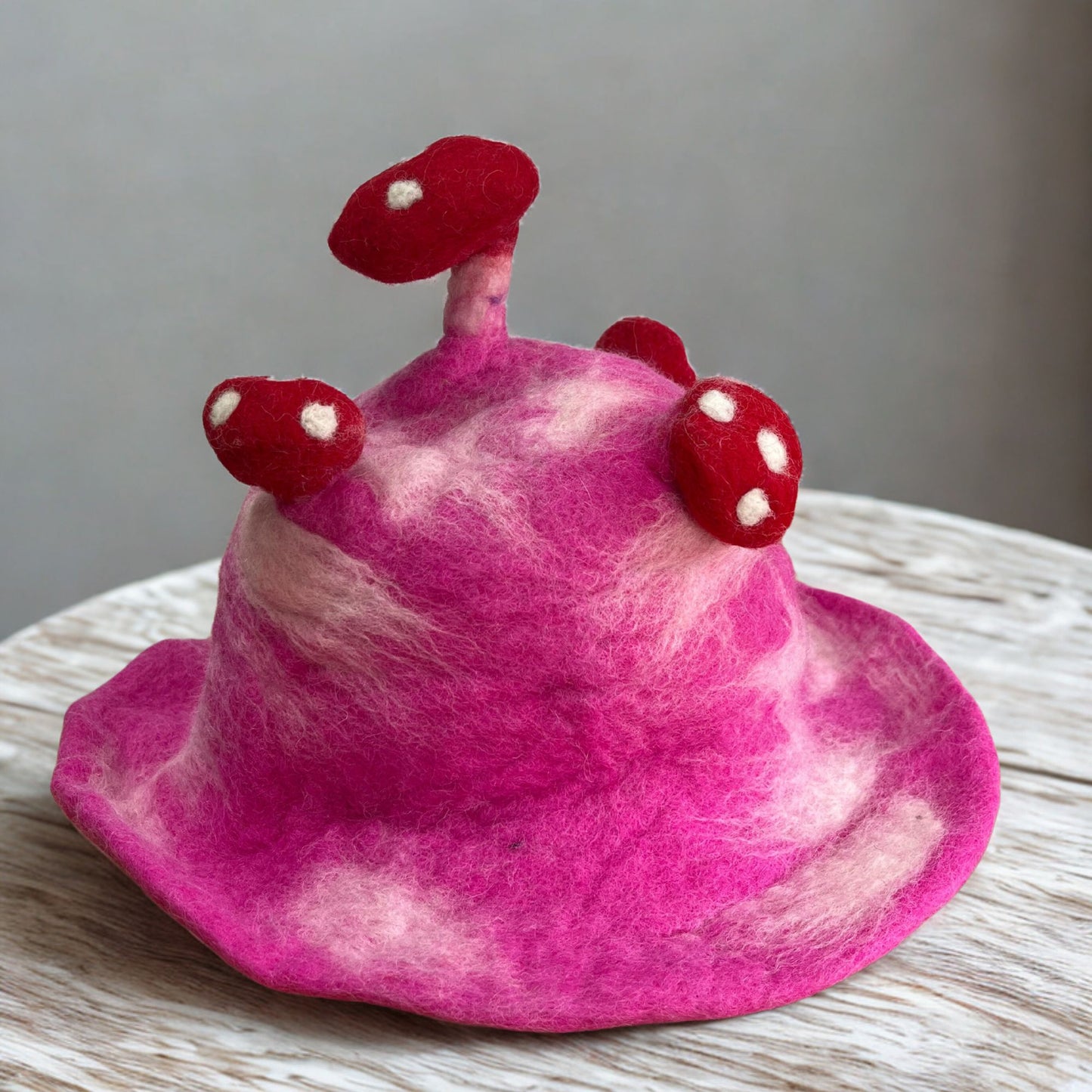 Wool Felted Handmade Mushroom Hat - Shocking Pink