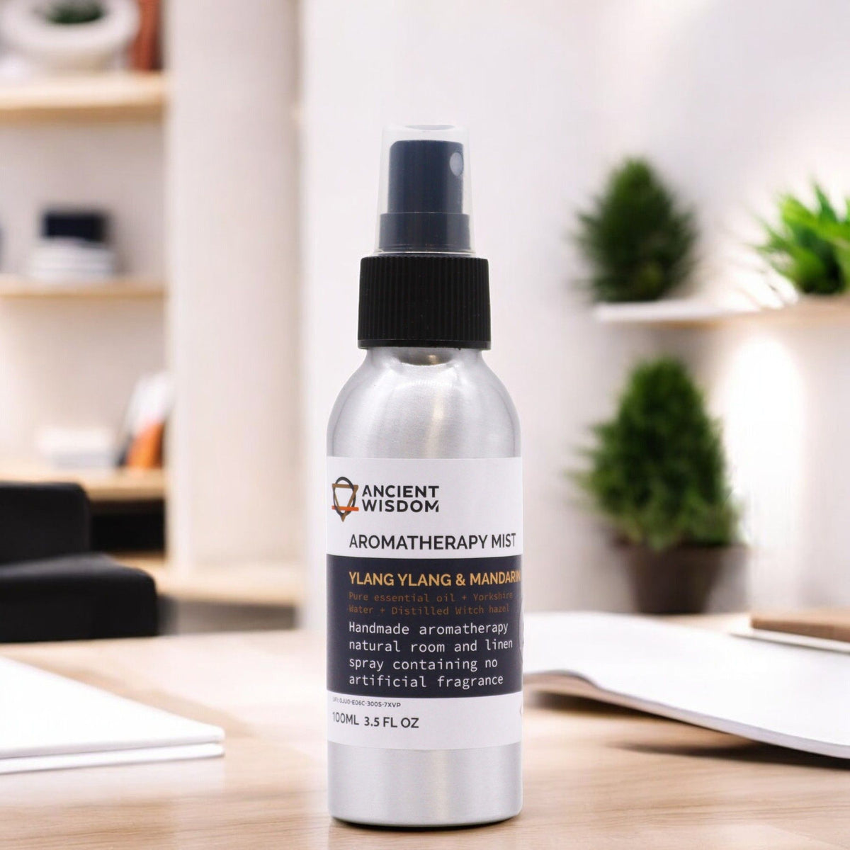 Ylang Ylang & Mandarin 100ml essential oil mist in aluminium spray bottle, alternate product view from Quintessential Holistic Health.