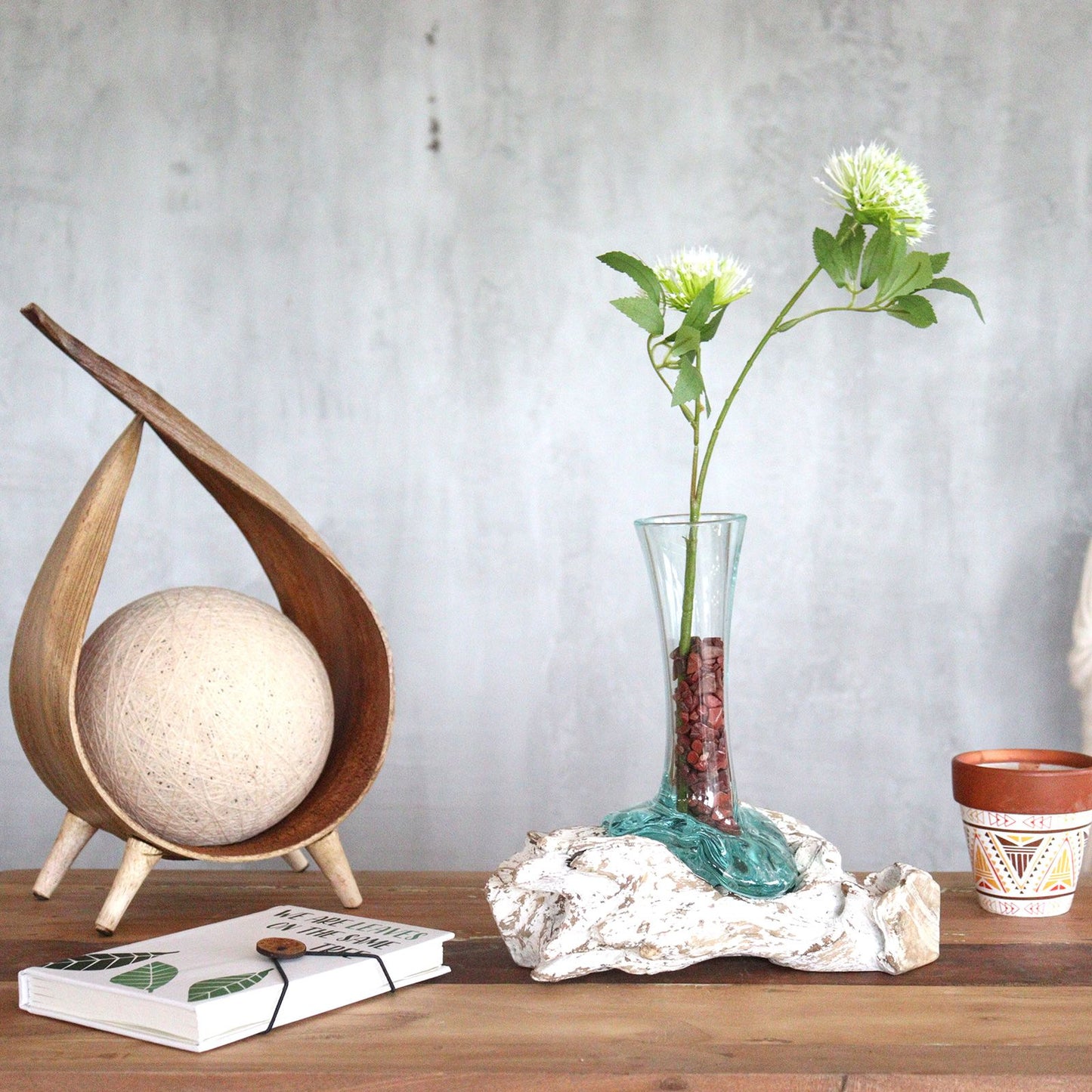 Handmade Molten Recycled Glass Flower Vase on Wood - Medium / Clear / Light Blue / Whitewash