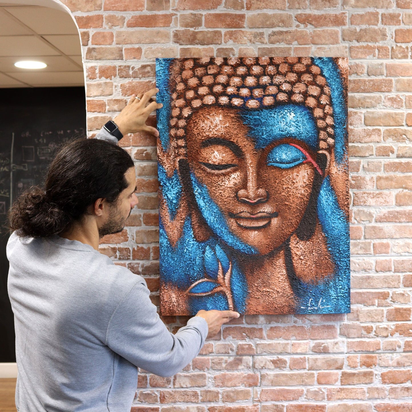 Hand Painted Buddha Painting - Bronze and Blue Flower
