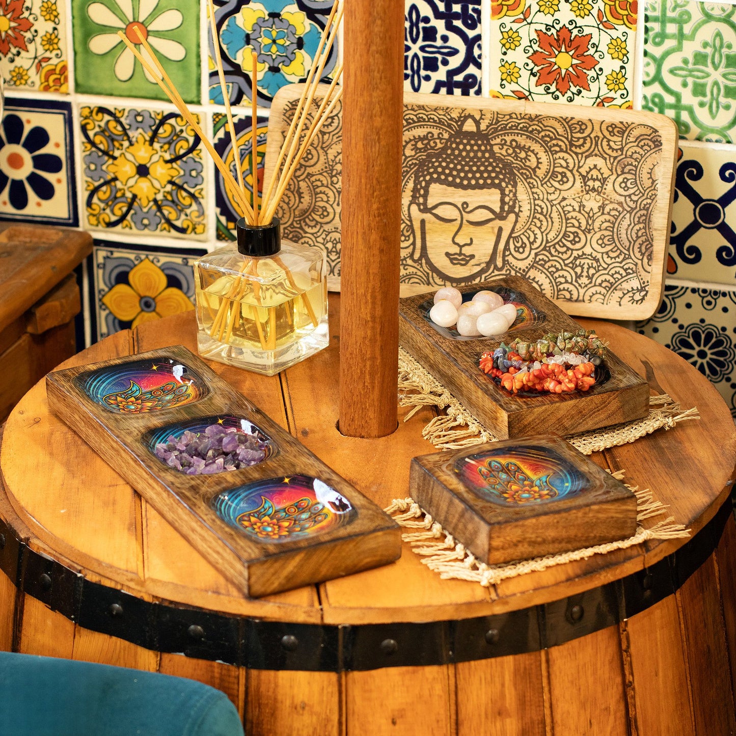 Set of 3 Hand Crafted Enamelled Wooden Trinket Tray - Medium / Hamsa