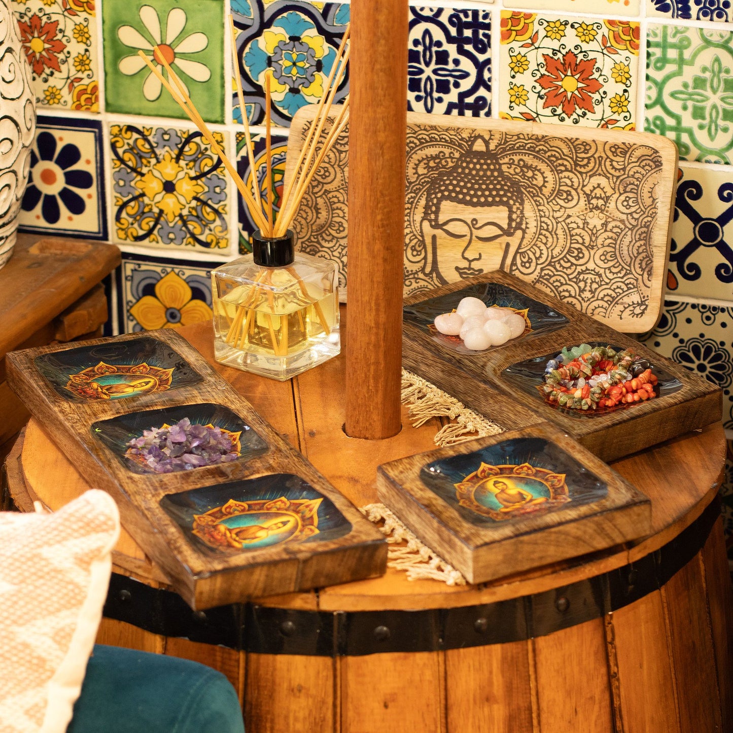 Set of 3 Hand Crafted Enamelled Wooden Trinket Tray - Large / Buddha