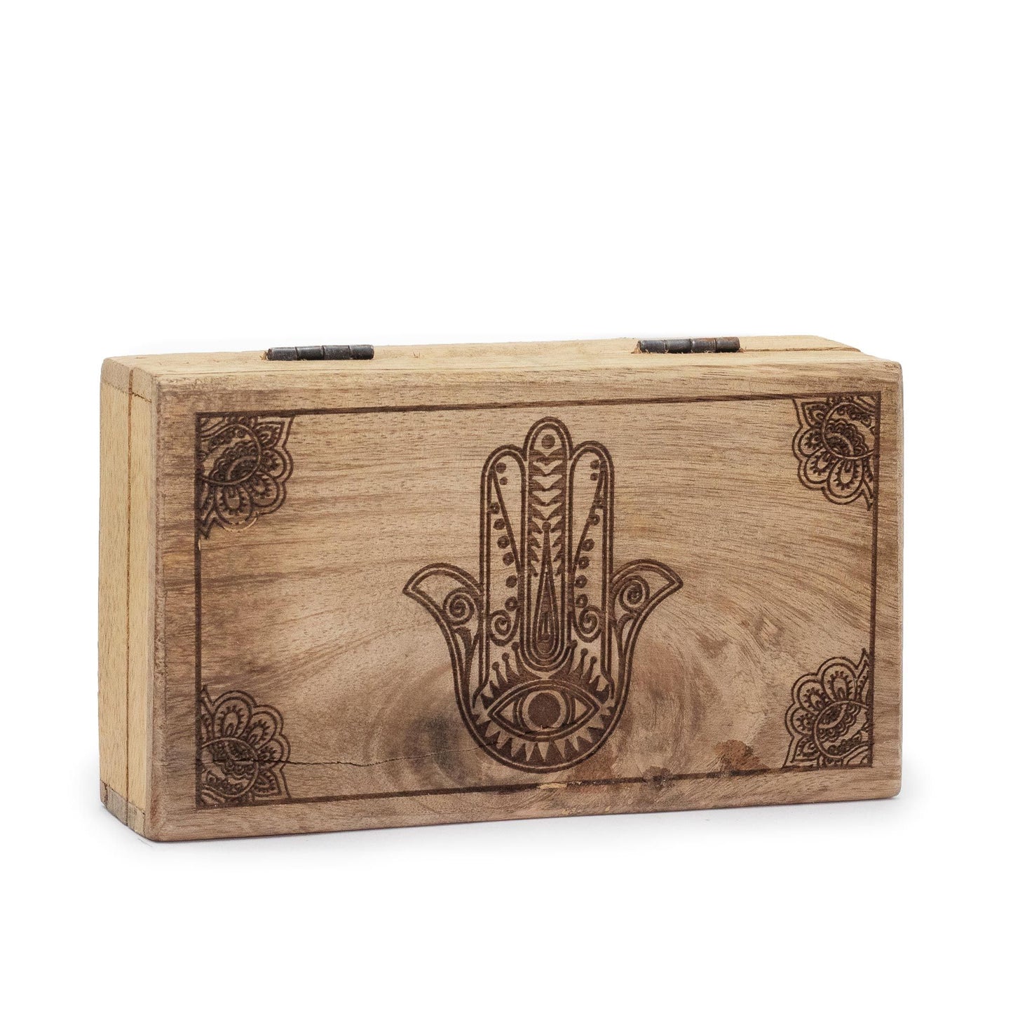 Natural Mango Wooden Keepsake Box - Medium / Rectangular / Black / Hamsa