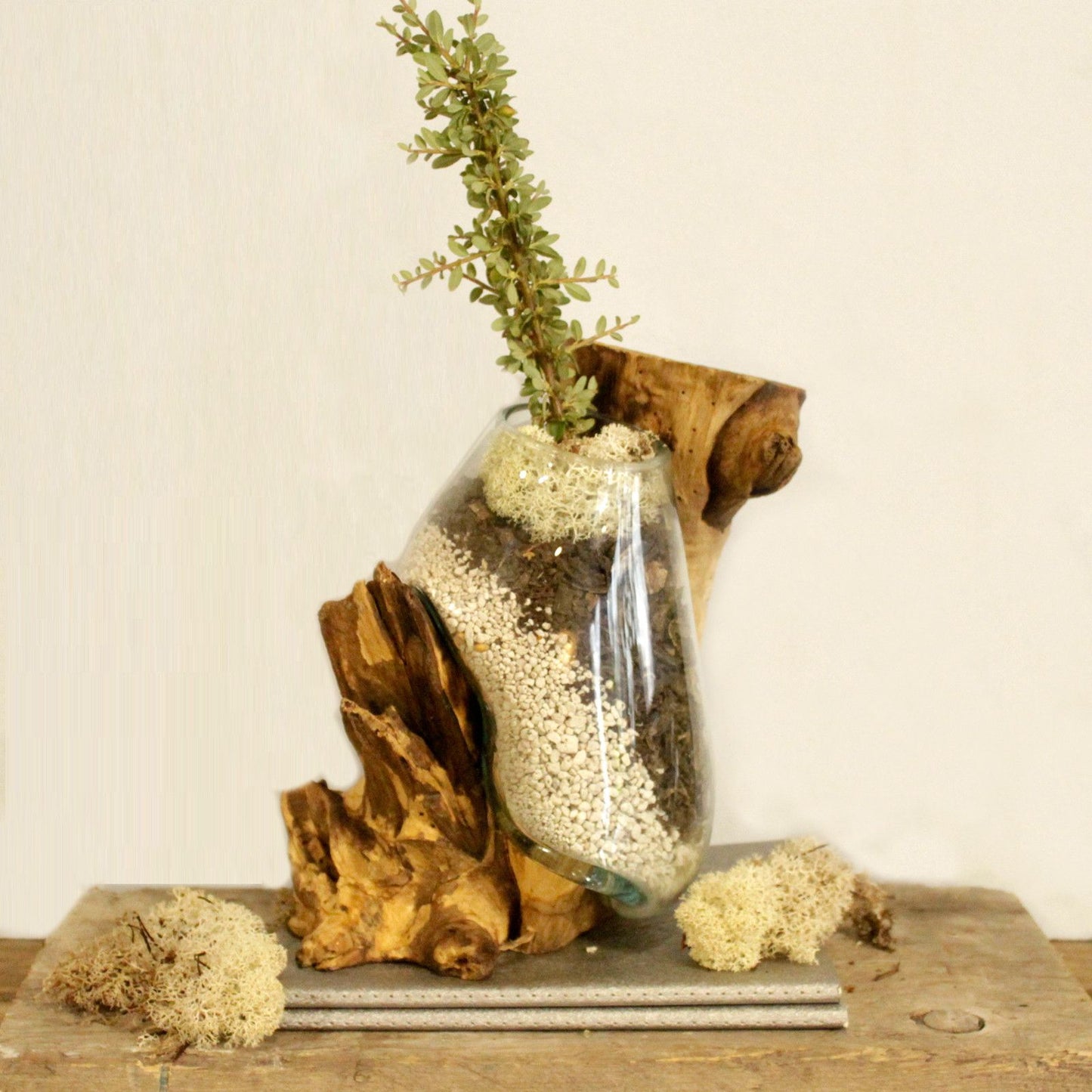 Handmade Molten Recycled Glass Vase on Wood - Hanging / Clear / Light Blue