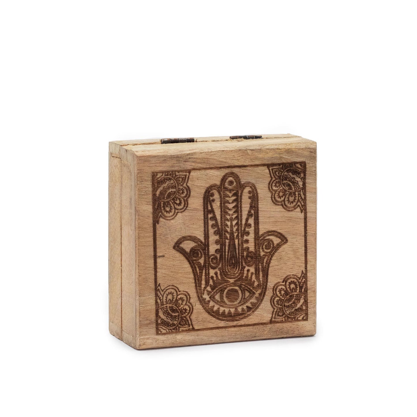 Natural Mango Wooden Keepsake Box - Small / Square / Black / Hamsa