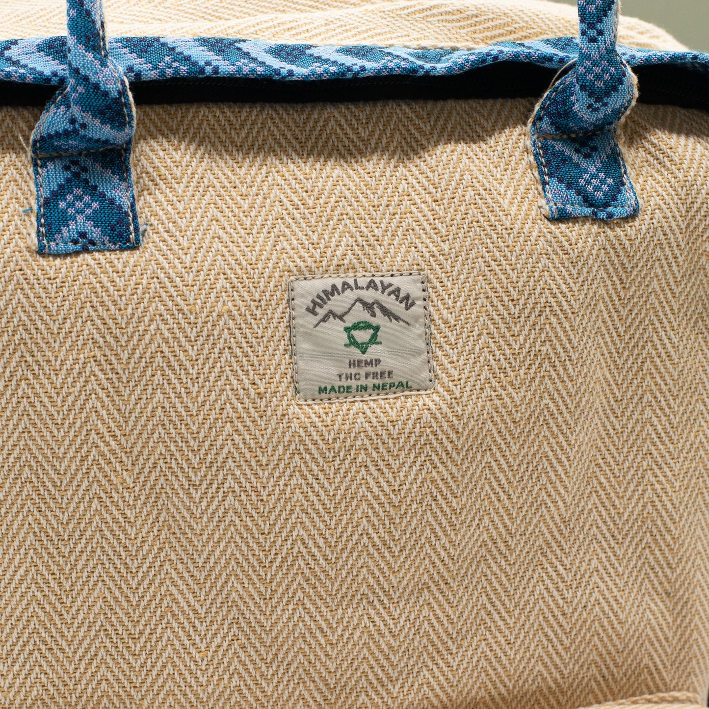 Large Kathmandu hemp backpack with blue Dhaka design, alternate product view 10 from Quintessential Holistic Health.