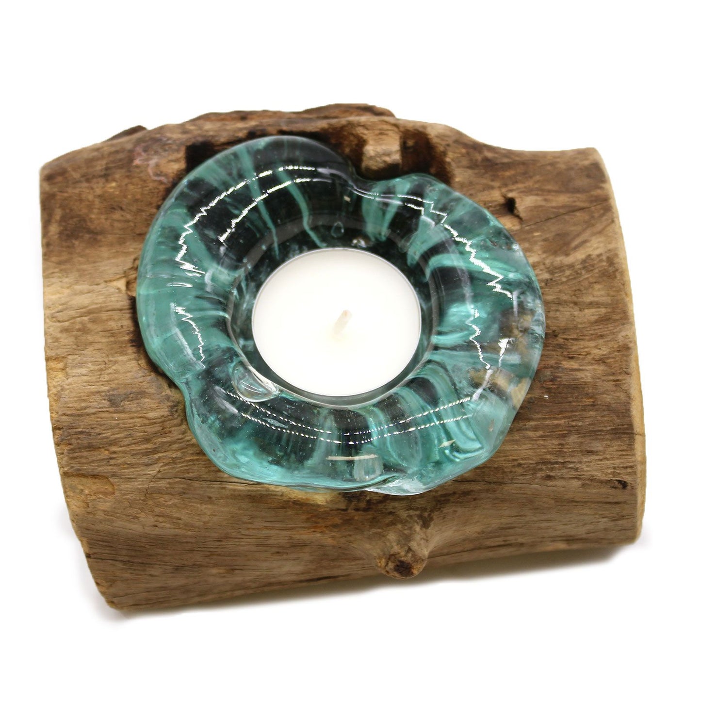 Handmade Molten Recycled Glass Candle Holder on Wood - Single / Round / Clear / Light Blue