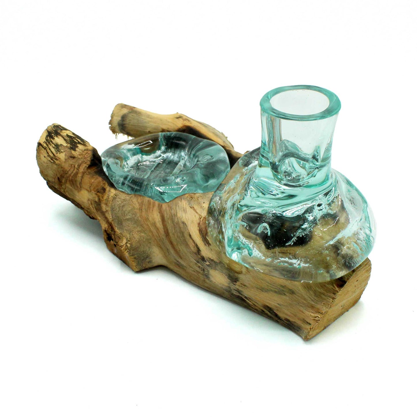 Handmade Molten Recycled Vase and Glass Candle Holder on Wood - Single / Round / Clear / Light Blue
