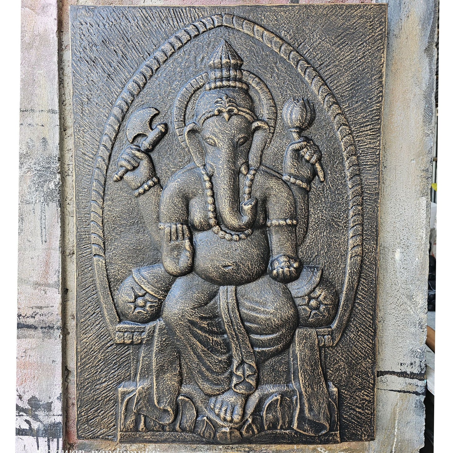 Handmade Concrete and Resin Ganesh Wall Plaque - Antique Gold