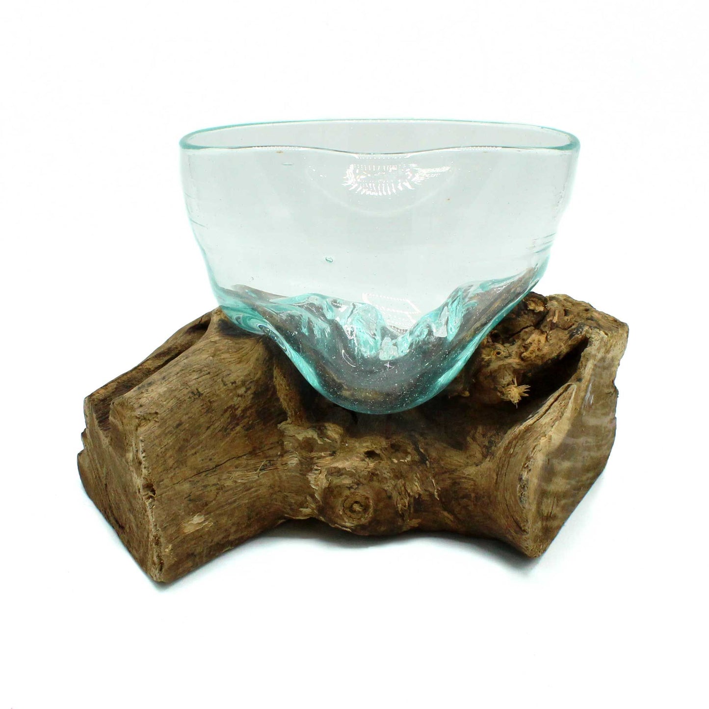 Handmade Molten Recycled Vase on Wood - Free-Form / Clear / Light Blue