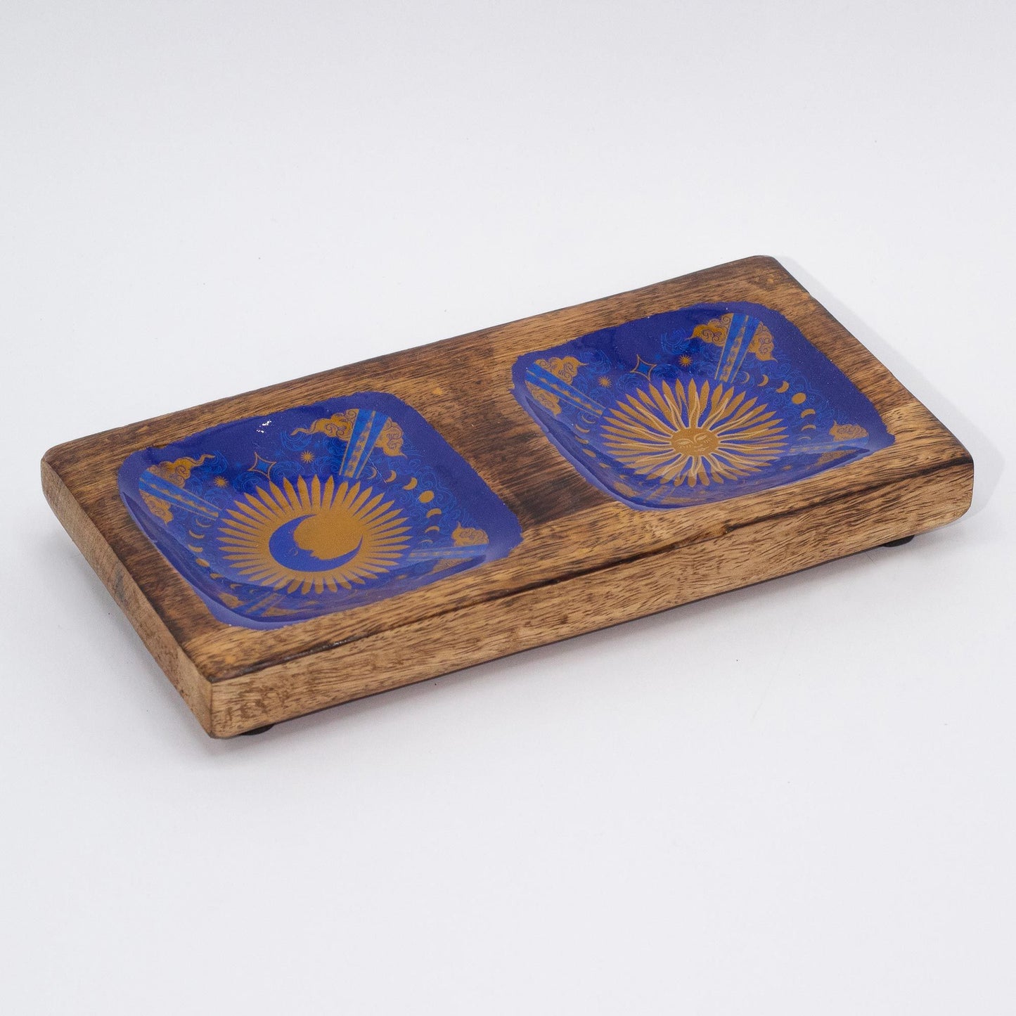 Hand Crafted Enamelled Wooden Trinket Tray - Double / Sun and Moon