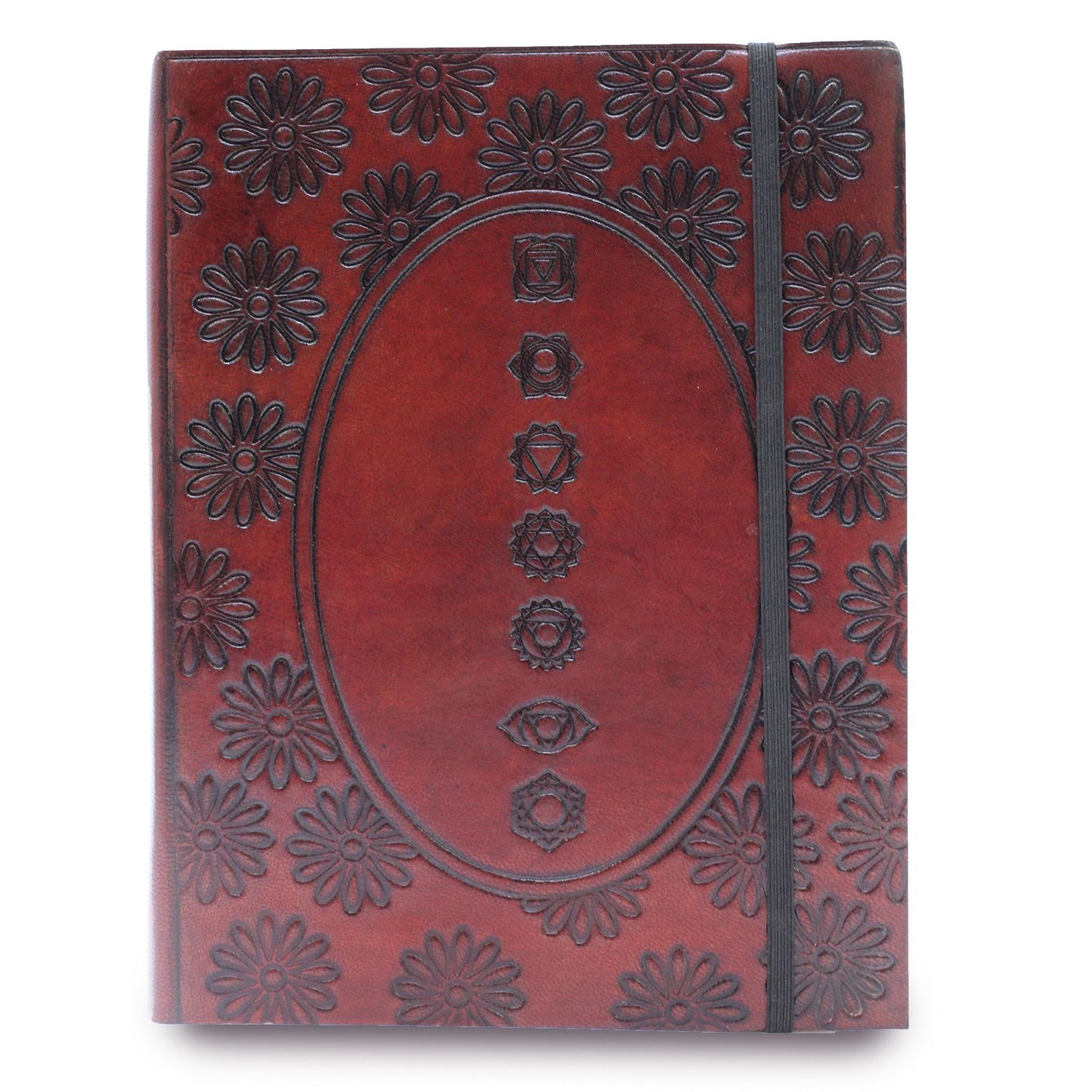 Handmade Vegetable Tanned Leather-Bound Eco-Friendly Notebook with Wrap - Large / Burgundy / Chakra Mandala