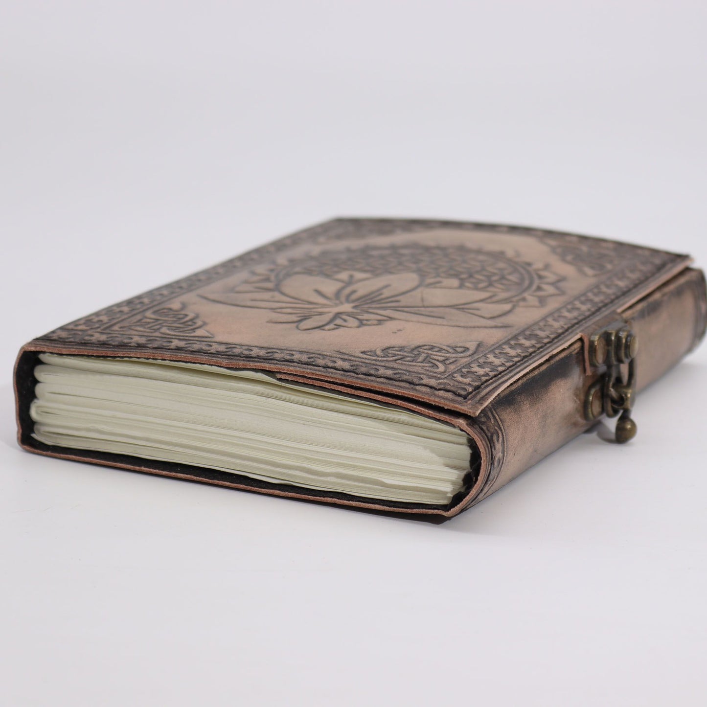 Handmade Leather-Bound Eco-Friendly Notebook with Metal Clasp - Medium / Brown and Tan / Lotus Mandala