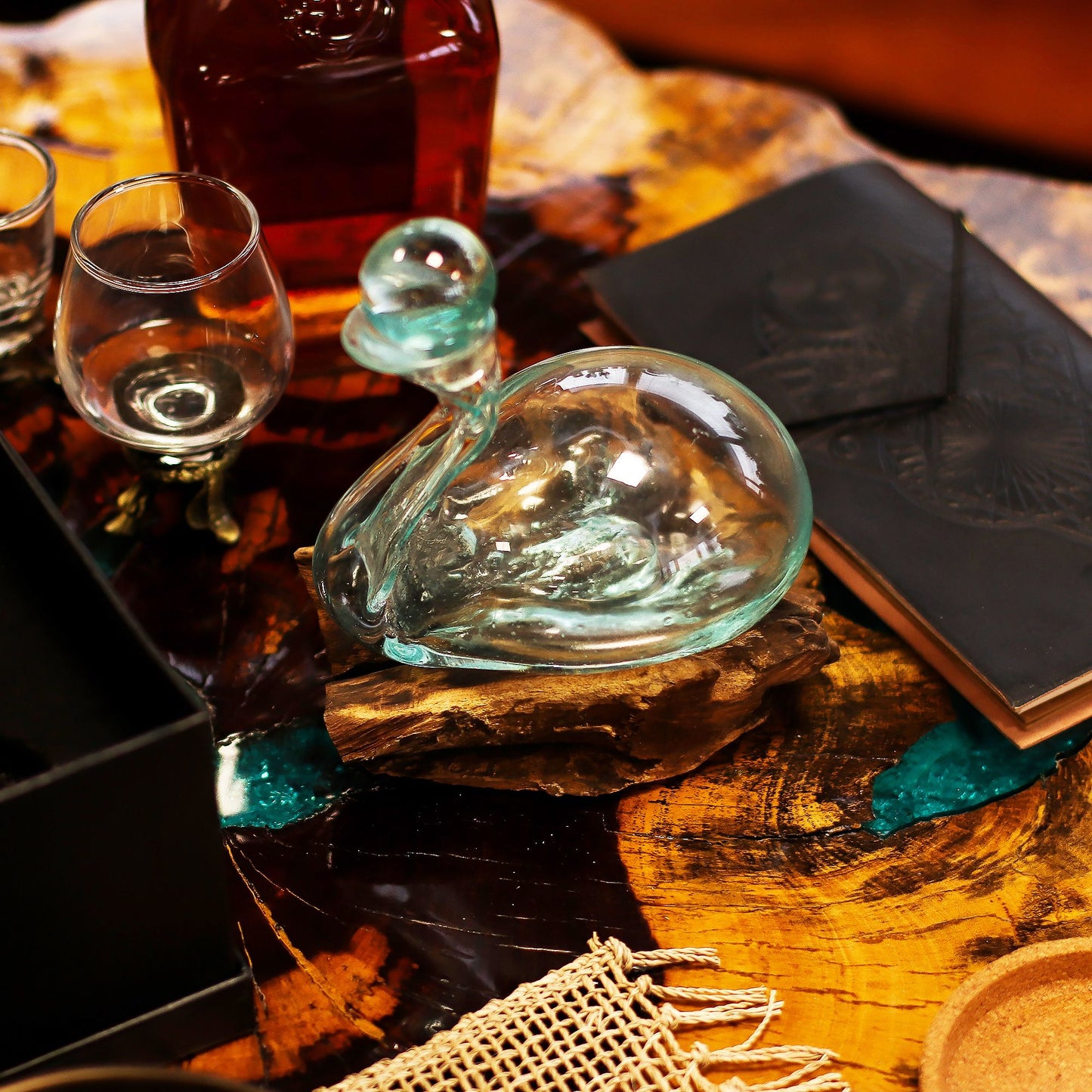 500ml Handmade Molten Recycled Glass Duck Shaped Decanter on Wood - Small / Clear / Light Blue