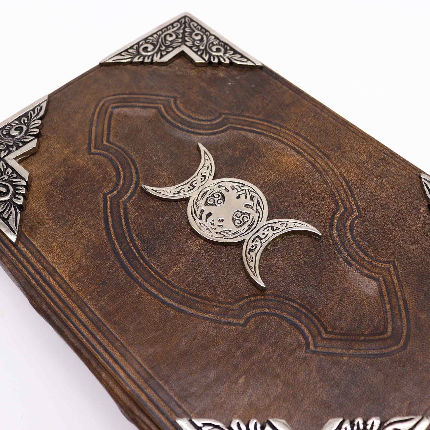 Handmade Leather-Bound Eco-Friendly Deckle Edged Journal - Extra Large / Brown / Zinc Triple Moon