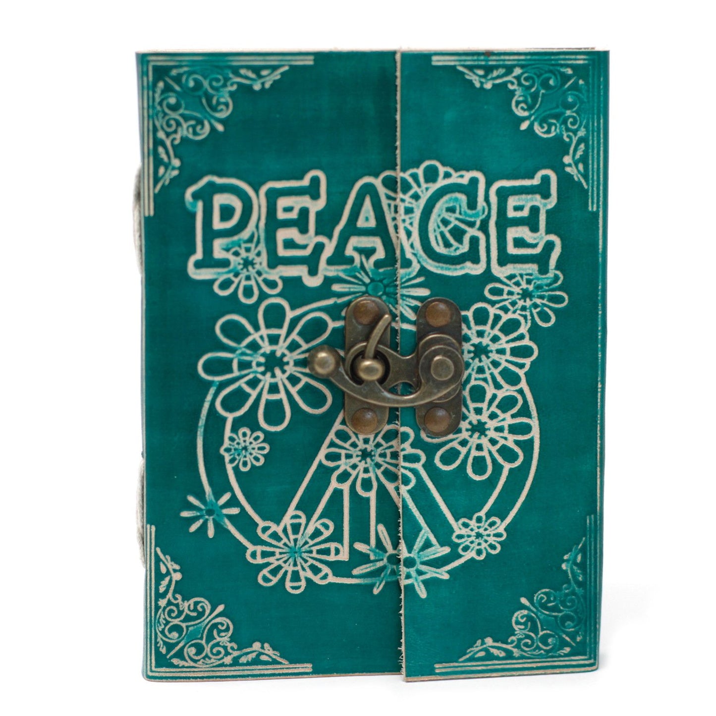 Handmade Leather-Bound Eco-Friendly Notebook with Metal Clasp - Medium / Green / Peace