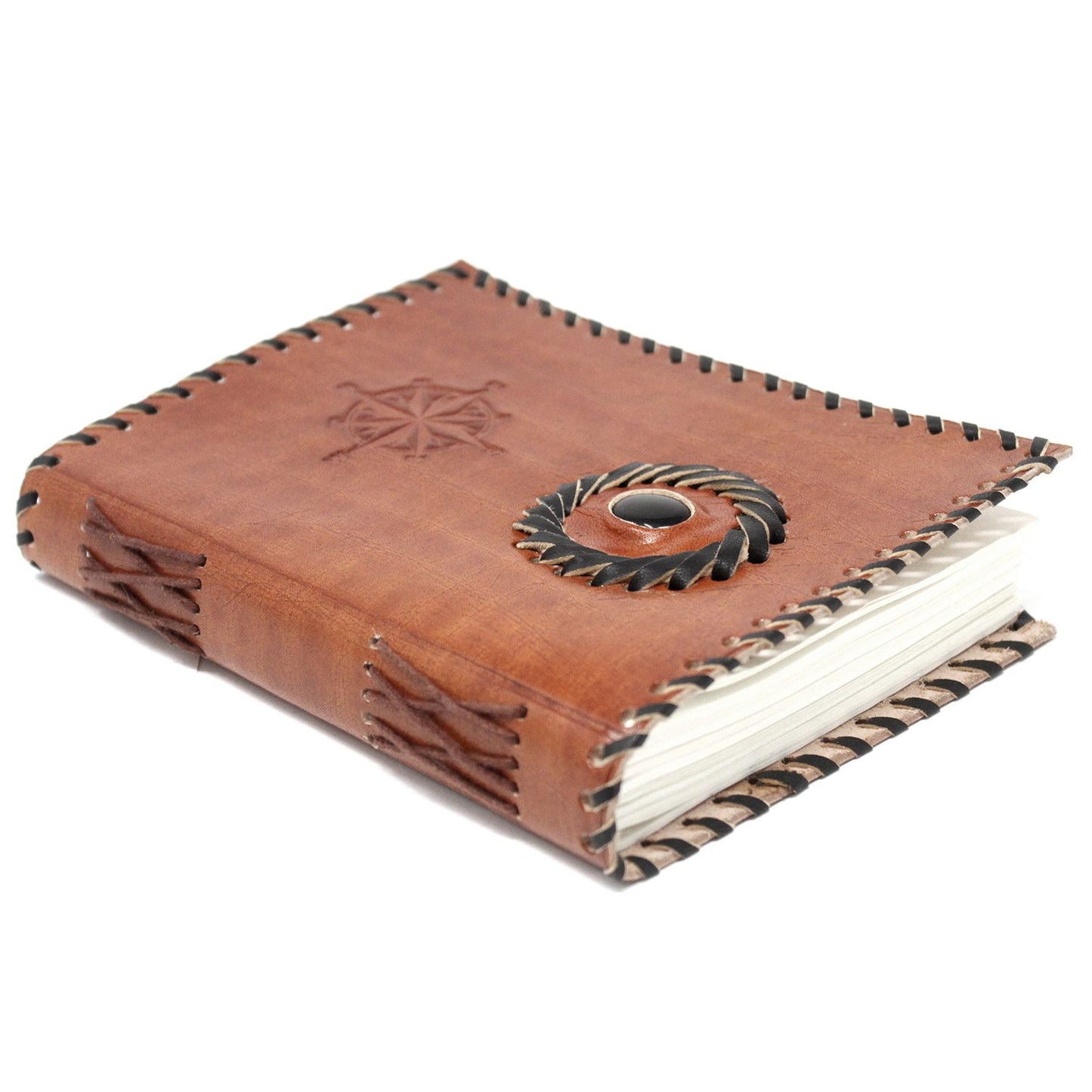 Handmade Leather-Bound Eco-Friendly Notebook - Medium / Brown / Black Onyx and Compass