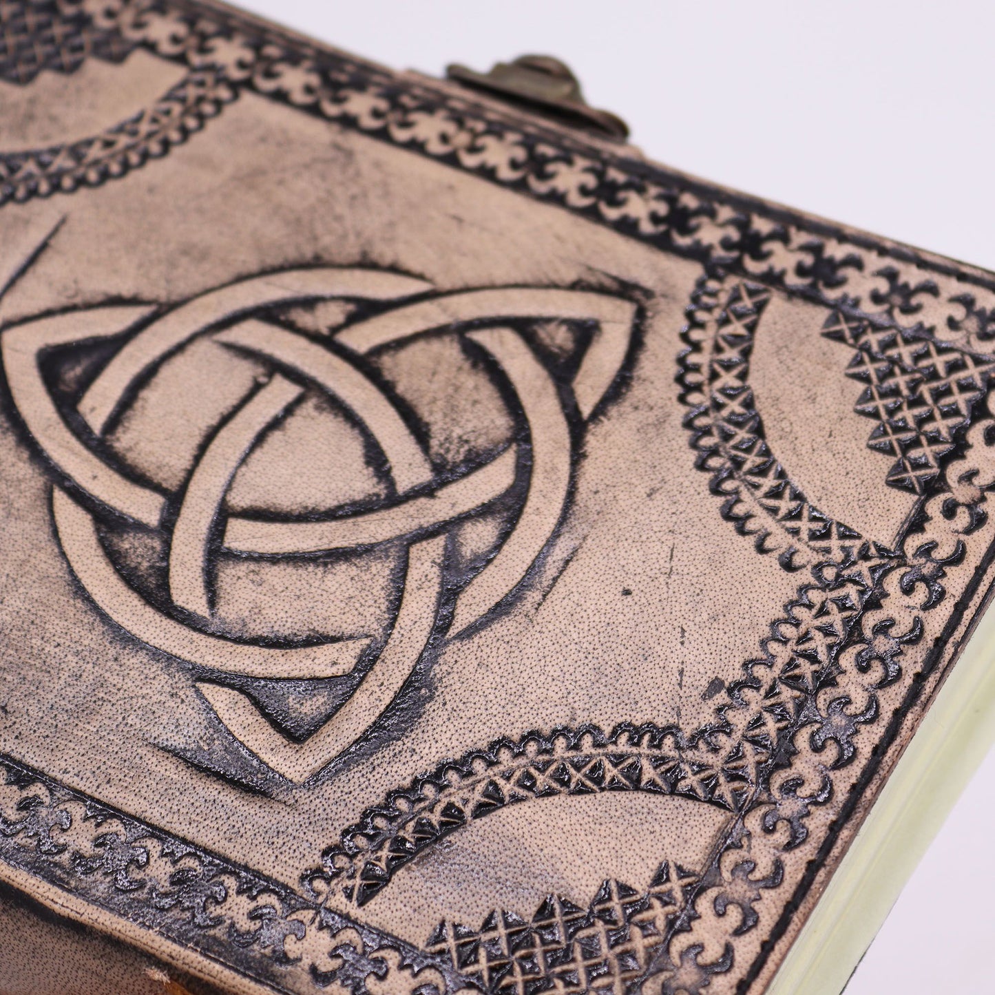 Handmade Leather-Bound Eco-Friendly Notebook with Metal Clasp - Medium / Antique Grey and Tan / Circle Triquetra