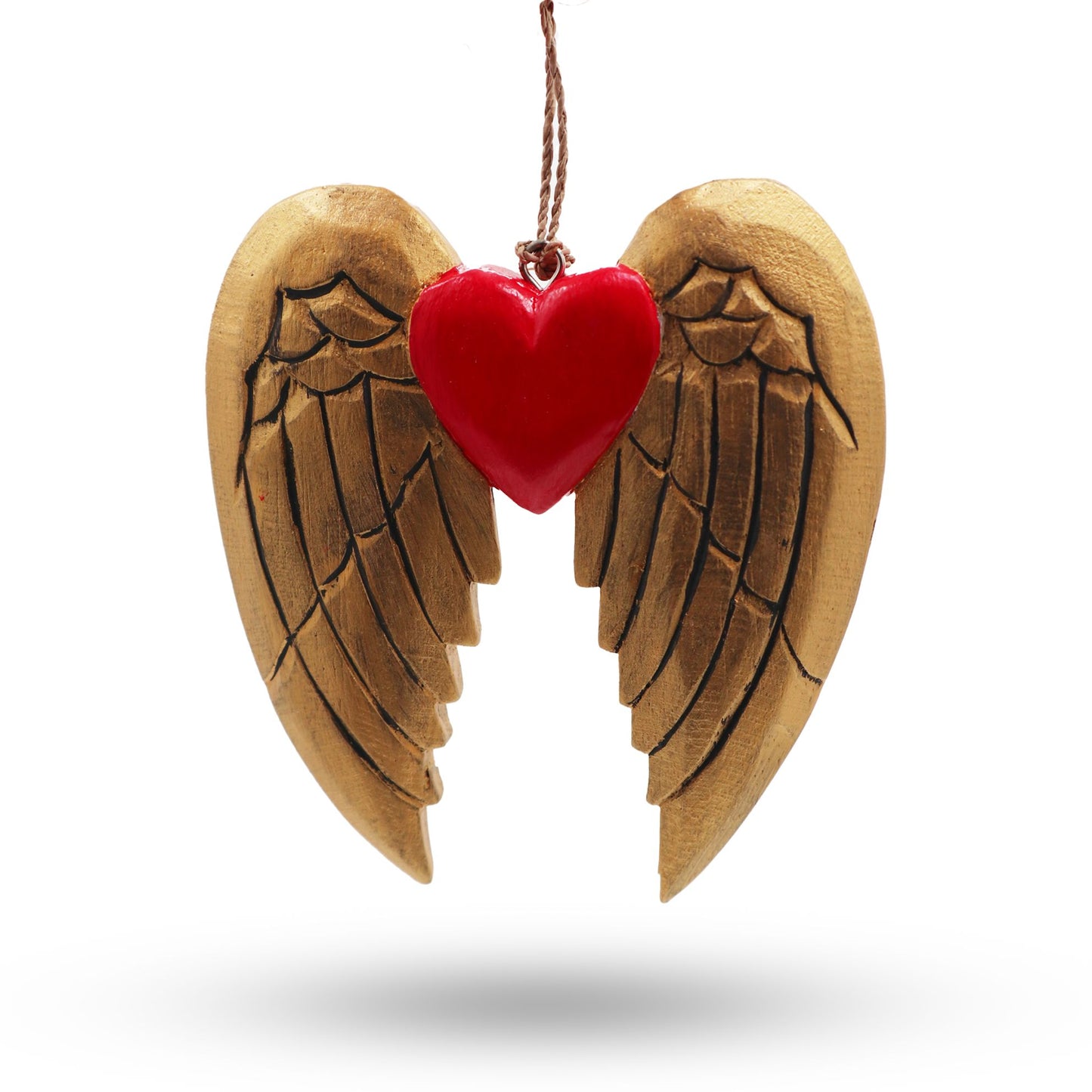 Hand Painted Wooden Christmas Angel Wing with a Heart - Natural / Black Detail