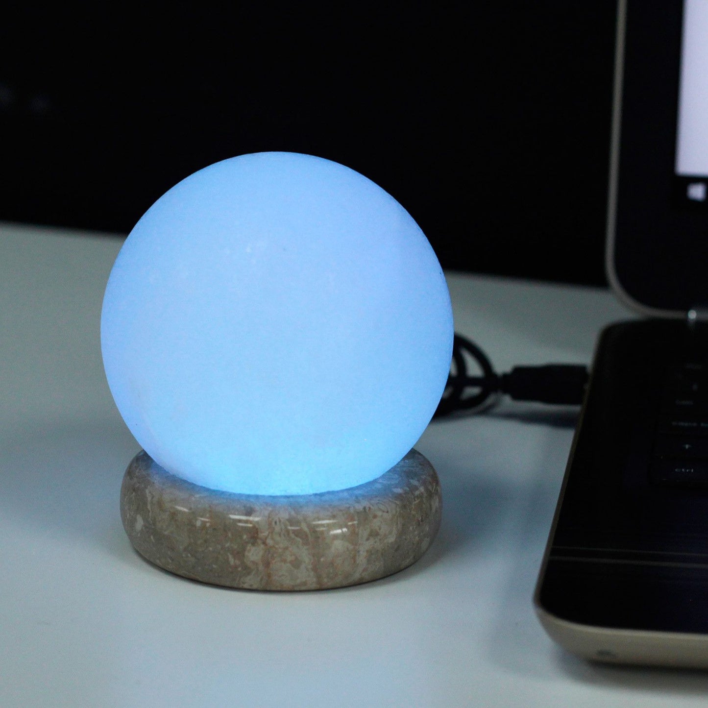 Hand Carved USB Himalayan Salt Crystal Lamp with Base - White and Natural / Round / Multicoloured Light