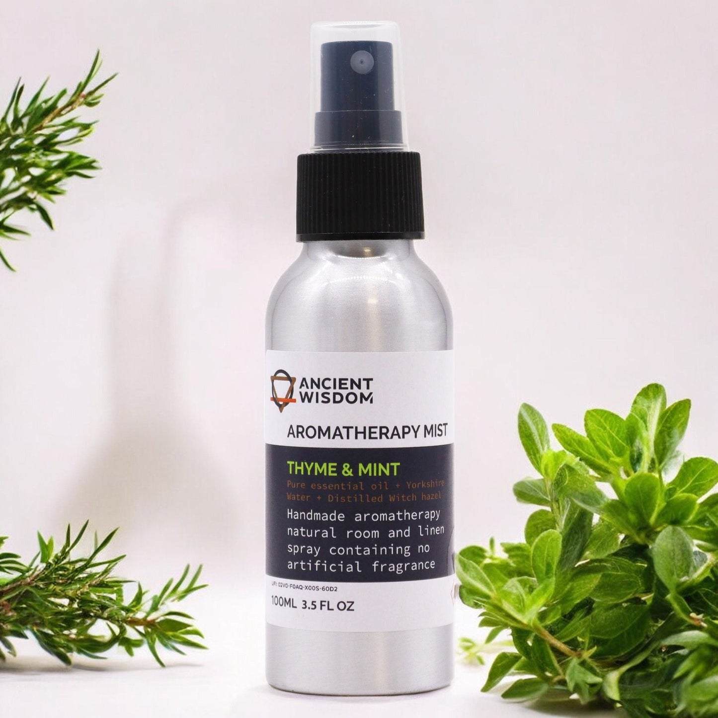 Thyme & Mint 100ml essential oil mist in aluminium spray bottle, main product view from Quintessential Holistic Health.