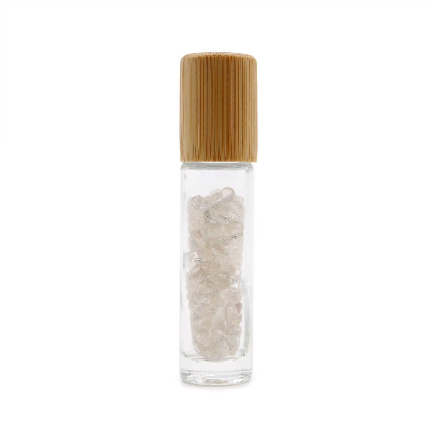 Rock Quartz 10ml gemstone roller bottle with wooden cap and visible stone pieces, alternate product view from Quintessential Holistic Health.