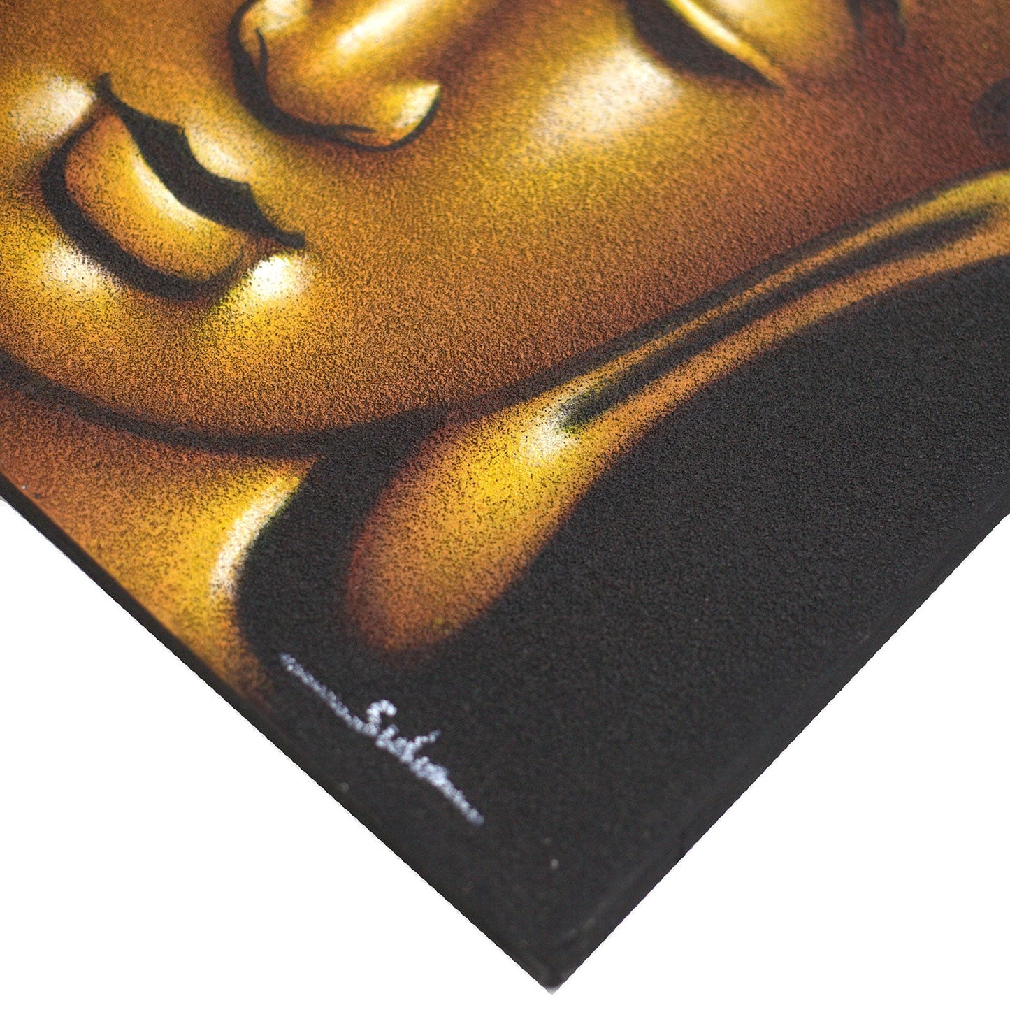 Hand-Painted Buddha Painting - Gold Sand Finish, close-up of gold lips, chin, neck and earlobe against black by Quintessential Holistic Health Ltd