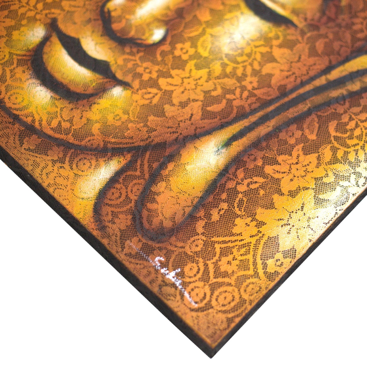 Hand-Painted Buddha Painting - Gold Brocade Detail, close-up of the patterned gold cheek, lips and elongated earlobe, by Quintessential Holistic Health Ltd