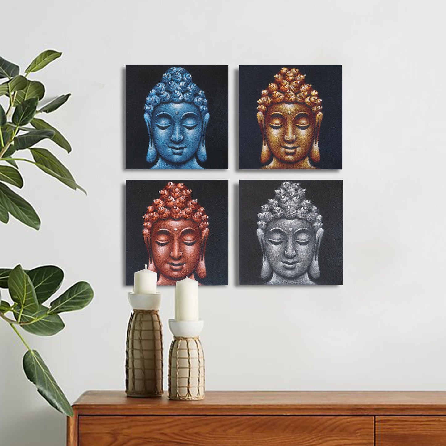 Set of 4 Hand-Painted Buddha Heads - Small - Sand Detail, four colourful square Buddha portraits displayed above a wooden cabinet by Quintessential Holistic Health Ltd