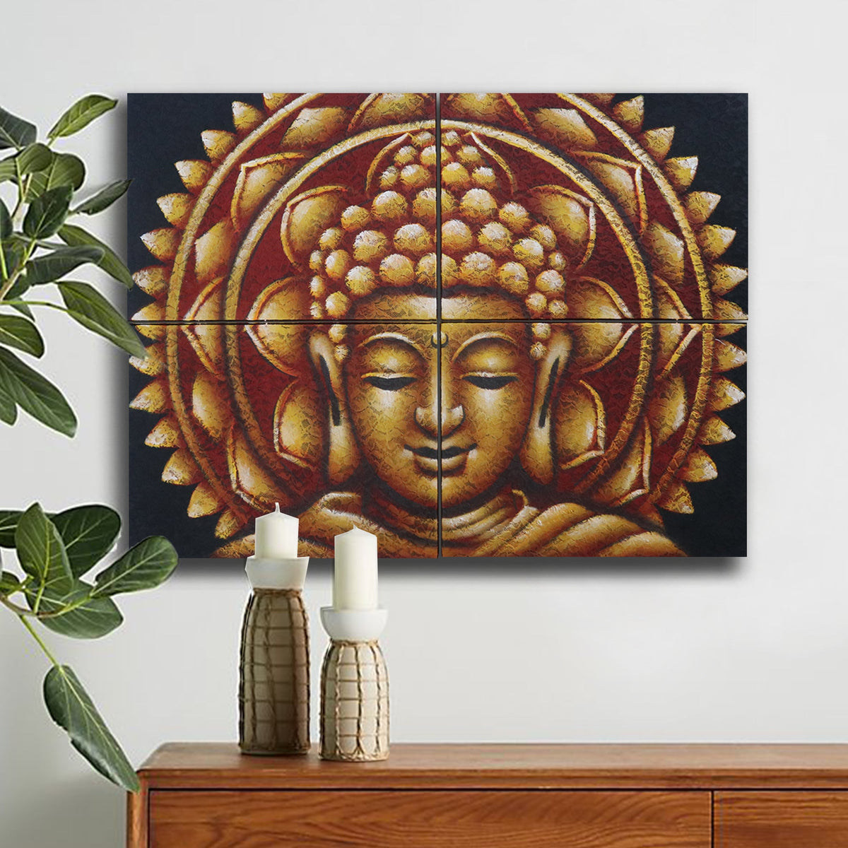 Set of 4 Hand-Painted Buddha Mandalas - Gold Brocade Detail, gold and red four-panel Buddha artwork displayed above a wooden cabinet by Quintessential Holistic Health Ltd