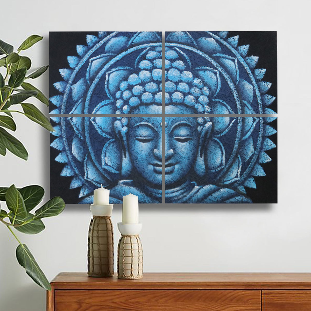 Set of 4 Hand-Painted Buddha Mandalas - Blue Brocade Detail, four-panel blue Buddha artwork displayed above a wooden cabinet by Quintessential Holistic Health Ltd