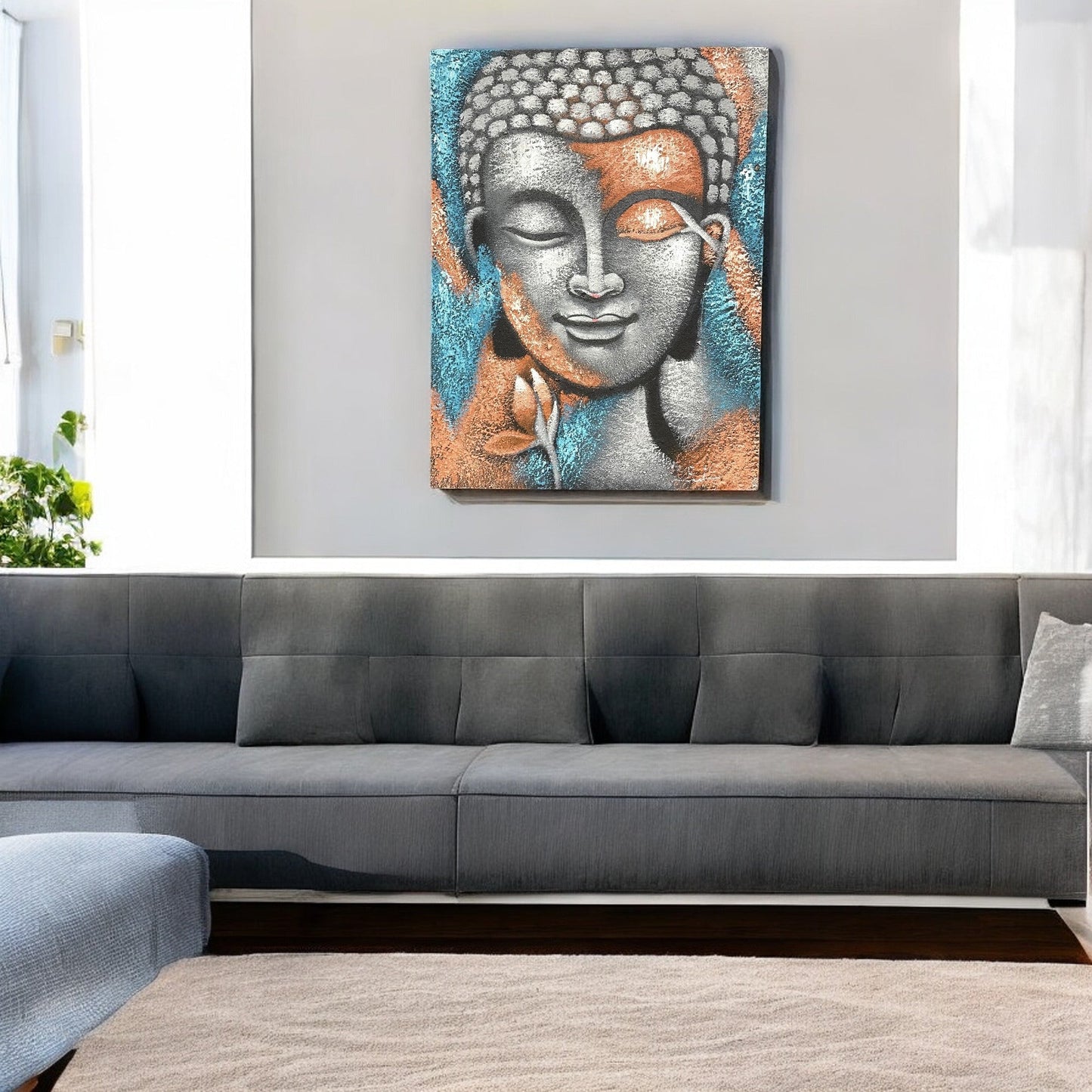 Hand Painted Buddha Painting - Silver and Rose Gold Flower, displayed above a grey corner sofa by Quintessential Holistic Health Ltd