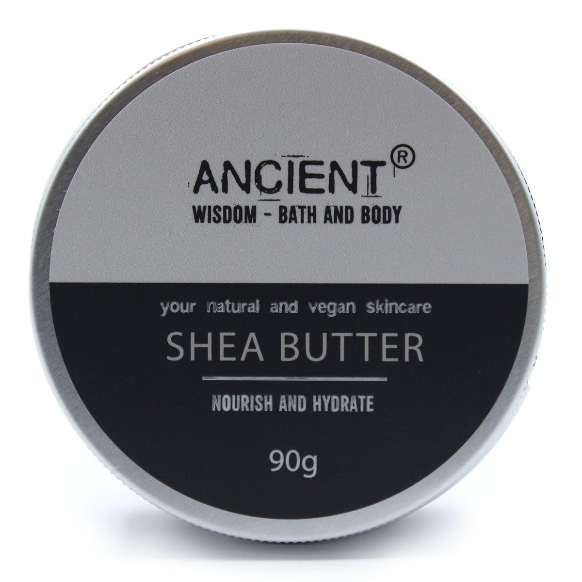 Vegan-Friendly Pure Body Butter - 90g - Shea in a front-facing round tin with a grey and black label by Quintessential Holistic Health Ltd