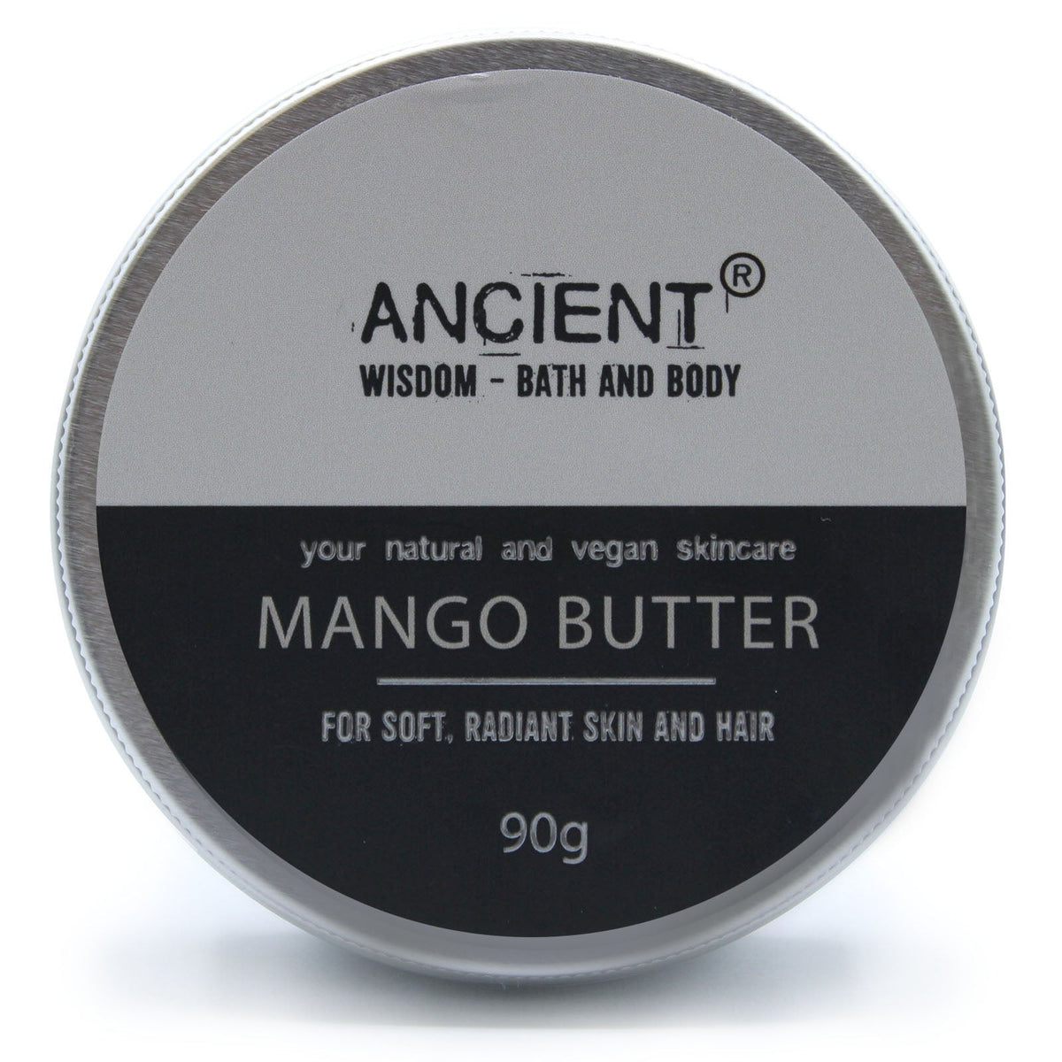 Vegan-Friendly Pure Body Butter - 90g - Mango in a front-facing round tin with a grey-and-black label by Quintessential Holistic Health Ltd