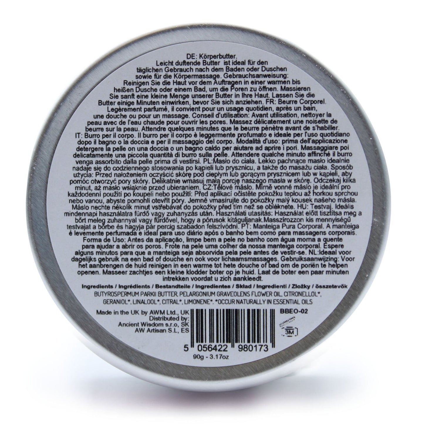 Geranium Vegan-Friendly Shea Body Butter 90g shown from the base with a circular information label and barcode by Quintessential Holistic Health Ltd