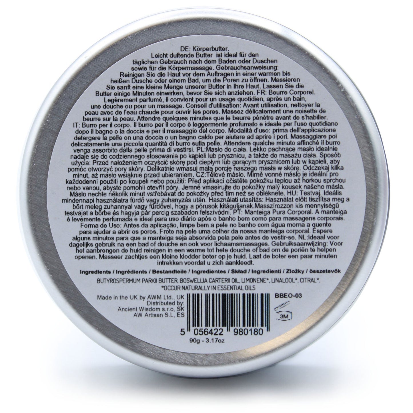 Frankincense Vegan-Friendly Shea Body Butter 90g shown from the base with a circular information label and barcode by Quintessential Holistic Health Ltd
