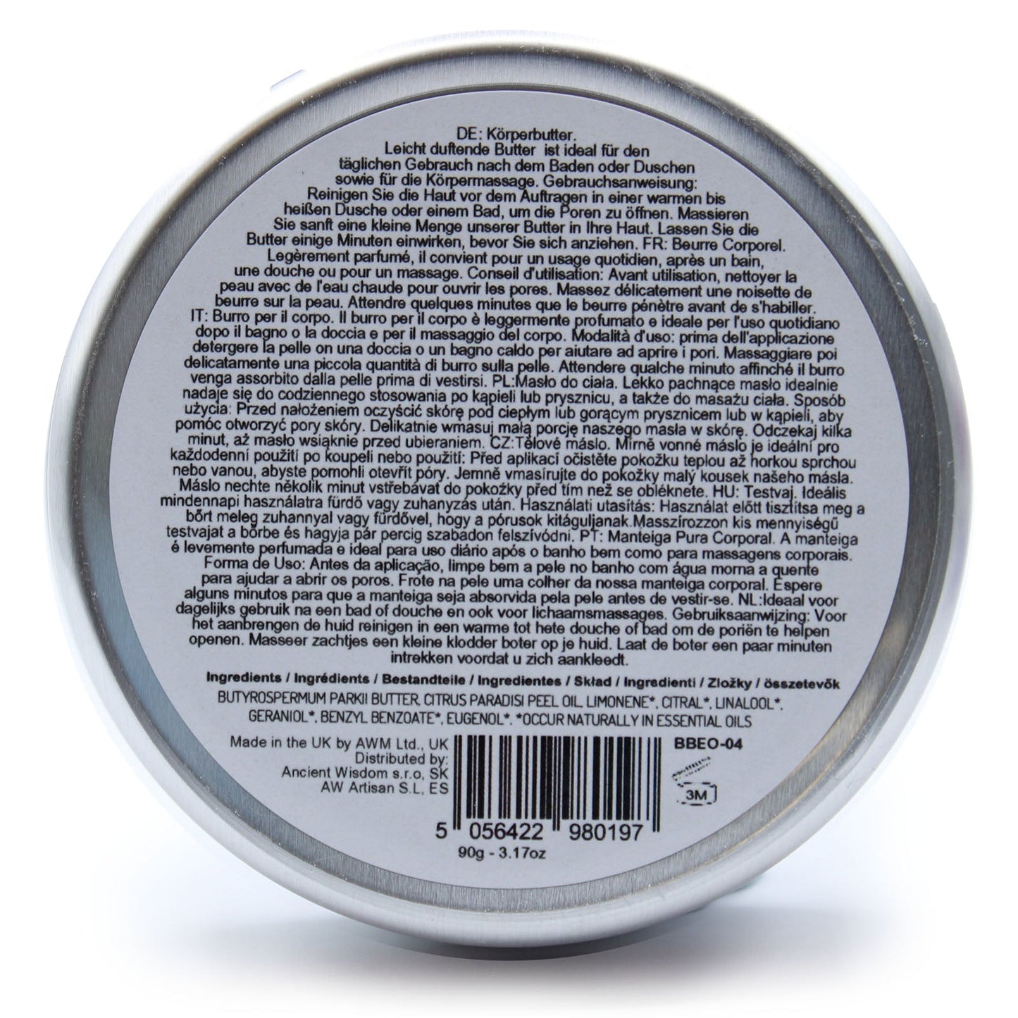 Grapefruit Vegan-Friendly Shea Body Butter 90g shown from the base with a circular information label and barcode by Quintessential Holistic Health Ltd