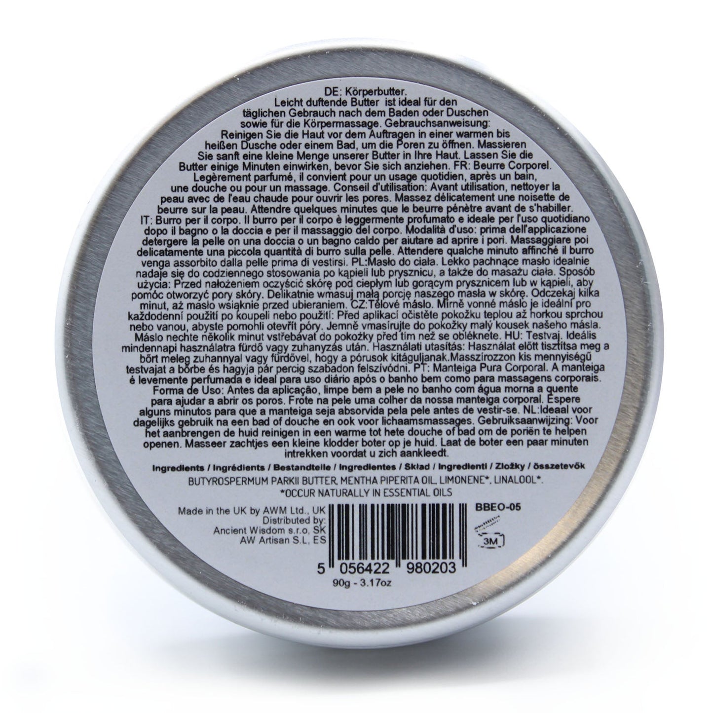 Peppermint Vegan-Friendly Shea Body Butter 90g shown from the base with a circular information label and barcode by Quintessential Holistic Health Ltd