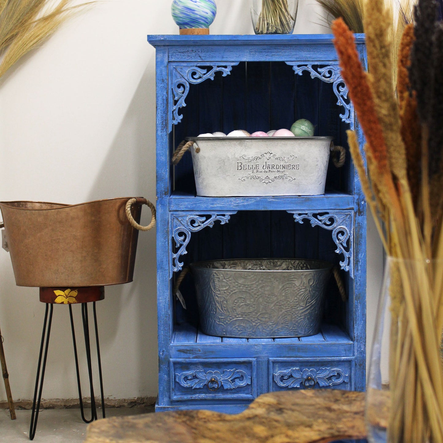 Hand Painted Albasia Wooden Bathroom Cabinet - Bluewash product packaging on clean background from Quintessential Holistic Health Ltd