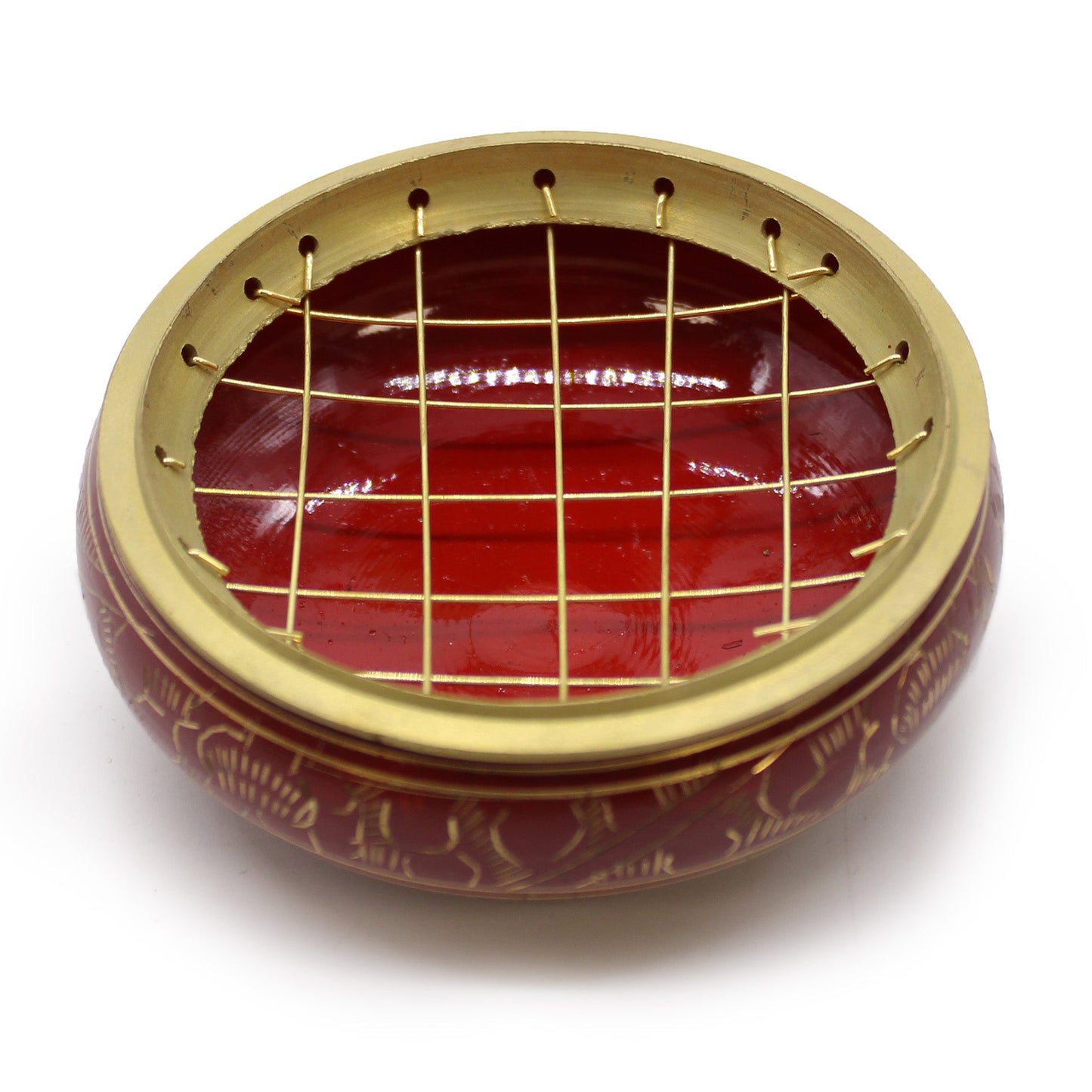 Handmade Brass Charcoal Burner Jar - Root Chakra, in dark red with a gold-toned crisscross lattice lid by Quintessential Holistic Health Ltd
