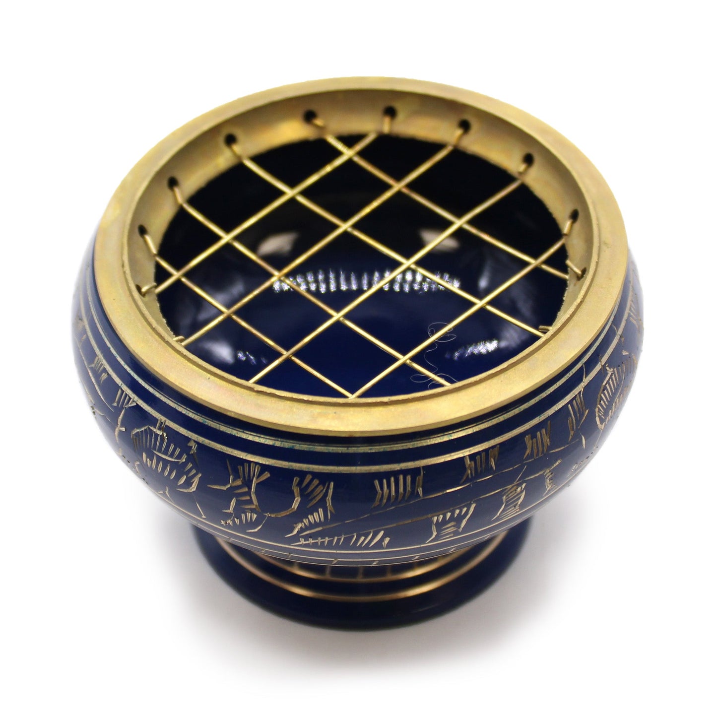 Tall Brass Charcoal Incense Jar - Throat Chakra, deep blue rounded bowl with a gold rim and criss-cross lattice top, by Quintessential Holistic Health Ltd