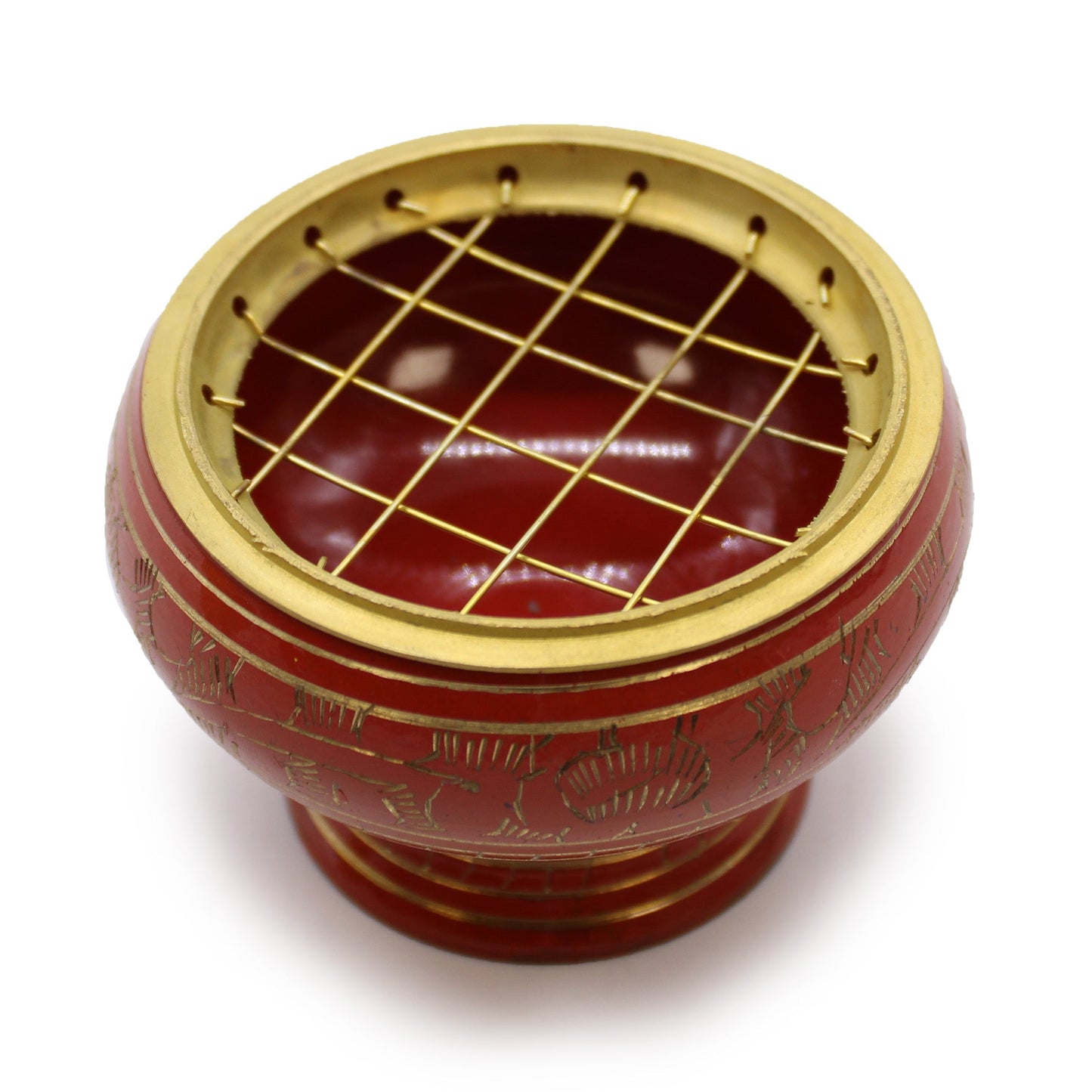 Tall Brass Charcoal Incense Jar - Sacral Chakra, red rounded bowl with a gold rim and criss-cross lattice top, by Quintessential Holistic Health Ltd