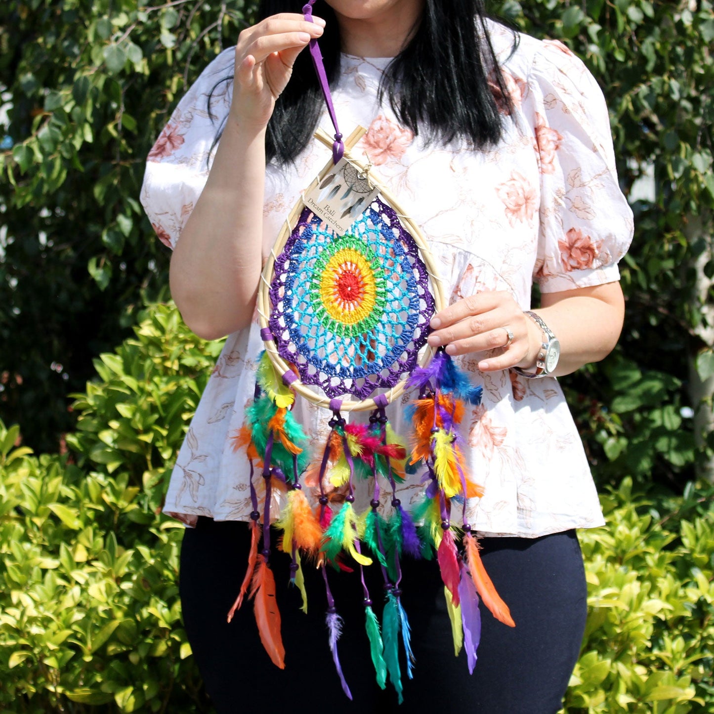Hand Crafted Dreamcatcher - Medium / Teardrop / Multicoloured product packaging on clean background from Quintessential Holistic Health Ltd