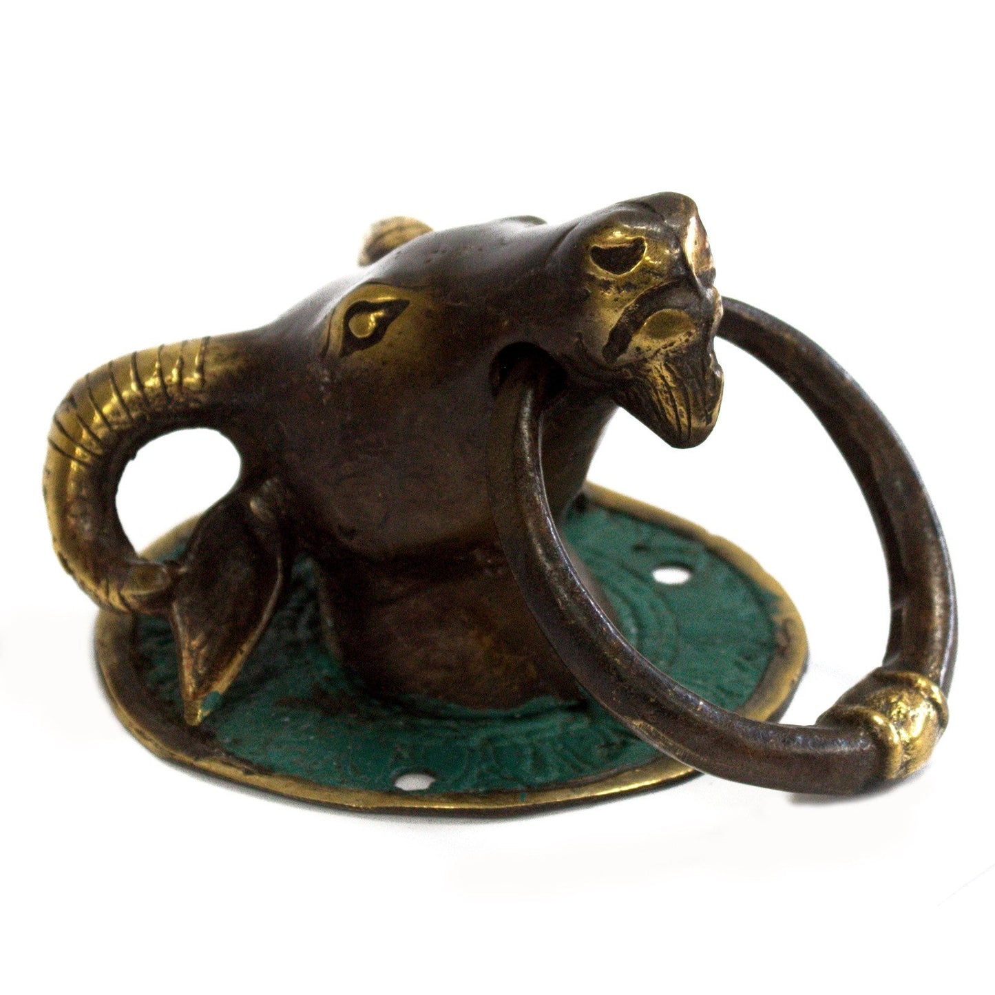Brass Door Knocker - Ram's Head, 7.5 × 9.5 × 14cm with profile view, curled horn, turquoise circular plate and dark ring by Quintessential Holistic Health Ltd